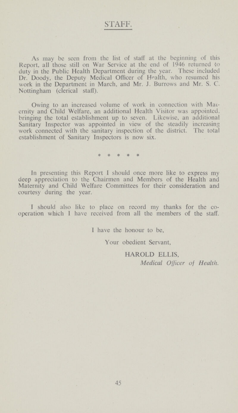 STAFF. As may be seen from the list of staff at the beginning of this Report, all those still on War Service at the end of 1946 returned to duty in the Public Health Department during the year. These included Dr. Doody, the Deputy Medical Officer of Health, who resumed his work in the Department in March, and Mr. J. Burrows and Mr. S. C. Nottingham (clerical staff). Owing to an increased volume of work in connection with Mat ernity and Child Welfare, an additional Health Visitor was appointed, bringing the total establishment up to seven. Likewise, an additional Sanitary Inspector was appointed in view of the steadily increasing work connected with the sanitary inspection of the district. The total establishment of Sanitary Inspectors is now six. * * * * * In presenting this Report I should once more like to express my deep appreciation to the Chairmen and Members of the Health and Maternity and Child Welfare Committees for their consideration and courtesy during the year. I should also like to place on record my thanks for the co operation which I have received from all the members of the staff. I have the honour to be, Your obedient Servant, HAROLD ELLIS, Medical Officer of Health. 45