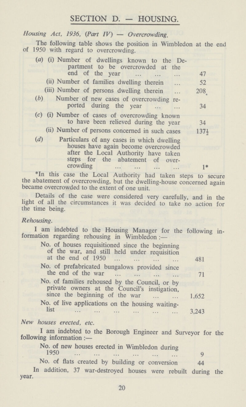 SECTION D. — HOUSING. Housing Act, 1936, (Part IV) — Overcrowding. The following table shows the position in Wimbledon at the end of 1950 with regard to overcrowding. (a) (i) Number of dwellings known to the De¬ partment to be overcrowded at the end of the year 47 (ii) Number of families dwelling therein 52 (iii) Number of persons dwelling therein 208 (b) Number of new cases of overcrowding re¬ ported during the year 34 (c) (i) Number of cases of overcrowding known to have been relieved during the year 34 (ii) Number of persons concerned in such cases 137½ (d) Particulars of any cases in which dwelling houses have again become overcrowded after the Local Authority have taken steps for the abatement of over crowding 1* *In this case the Local Authority had taken steps to secure the abatement of overcrowding, but the dwelling-house concerned again became overcrowded to the extent of one unit. Details of the case were considered very carefully, and in the light of all the circumstances it was decided to take no action for the time being. Rehousing. I am indebted to the Housing Manager for the following in formation regarding rehousing in Wimbledon :— No. of houses requisitioned since the beginning of the war, and still held under requisition at the end of 1950 481 No. of prefabricated bungalows provided since the end of the war 71 No. of families rehoused by the Council, or by private owners at the Council's instigation, since the beginning of the war 1,652 No. of live applications on the housing waiting list 3,243 New houses erected, etc. I am indebted to the Borough Engineer and Surveyor for the following information :— No. of new houses erected in Wimbledon during 1950 9 No. of flats created by building or conversion 44 In addition, 37 war-destroyed houses were rebuilt during the year. 20