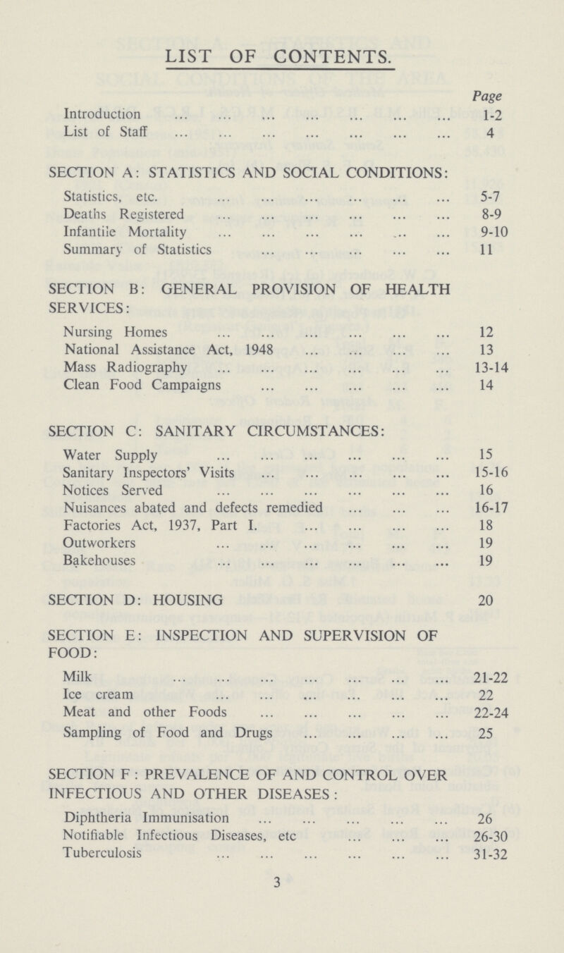 LIST OF CONTENTS. Page Introduction 1-2 List of Staff 4 SECTION A: STATISTICS AND SOCIAL CONDITIONS: Statistics, etc. 5-7 Deaths Registered 8-9 Infantile Mortality 9-10 Summary of Statistics 11 SECTION B: GENERAL PROVISION OF HEALTH SERVICES: Nursing Homes 12 National Assistance Act, 1948 13 Mass Radiography 13-14 Clean Food Campaigns 14 SECTION C: SANITARY CIRCUMSTANCES: Water Supply 15 Sanitary Inspectors' Visits 15-16 Notices Served 16 Nuisances abated and defects remedied 16-17 Factories Act, 1937, Part I. 18 Outworkers 19 Bakehouses 19 SECTION D: HOUSING 20 SECTION E: INSPECTION AND SUPERVISION OF FOOD: Milk 21-22 Ice cream 22 Meat and other Foods 22-24 Sampling of Food and Drugs 25 SECTION F : PREVALENCE OF AND CONTROL OVER INFECTIOUS AND OTHER DISEASES : Diphtheria Immunisation 26 Notifiable Infectious Diseases, etc 26-30 Tuberculosis 31-32 3