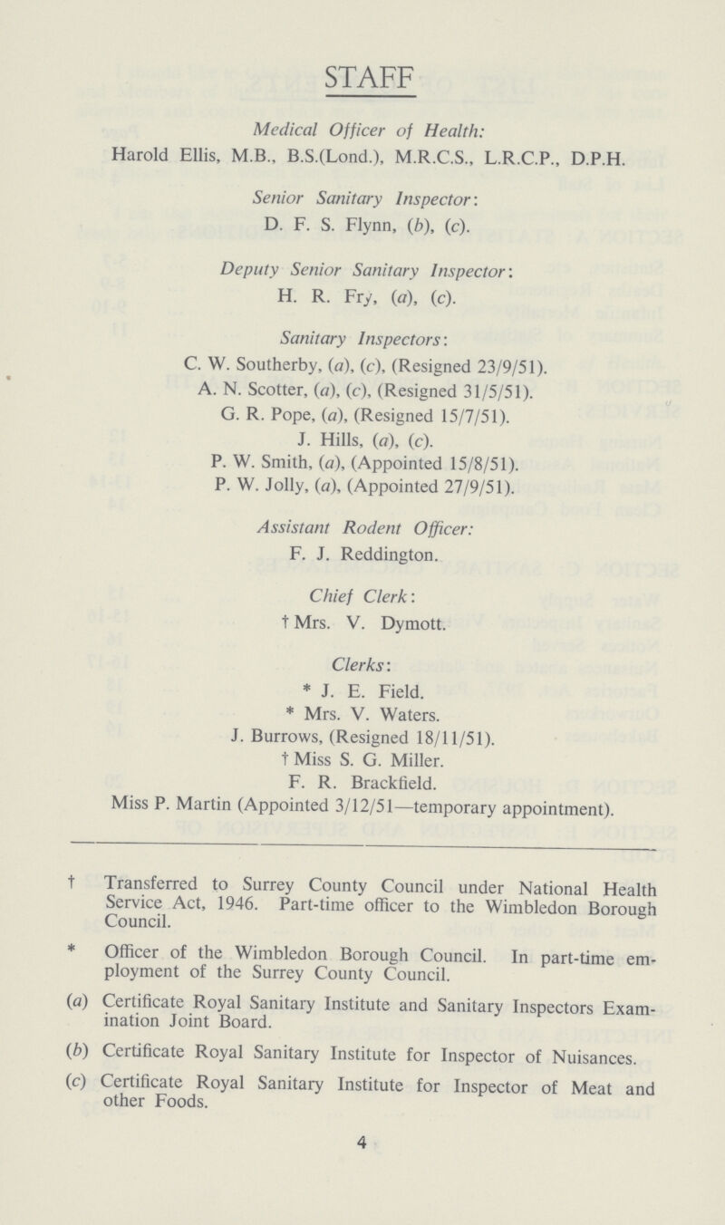 STAFF Medical Officer of Health: Harold Ellis, M.B., B.S.(Lond.), M.R.C.S., L.R.C.P., D.P.H. Senior Sanitary Inspector: D. F. S. Flynn, (b), (c). Deputy Senior Sanitary Inspector'. H. R. Fry, (a), (c). Sanitary Inspectors: C. W. Southerby, (a), (c), (Resigned 23/9/51). A. N. Scotter, (a), (c), (Resigned 31/5/51). G. R. Pope, (a), (Resigned 15/7/51). J. Hills, (a), (c). P. W. Smith, (a), (Appointed 15/8/51). P. W. Jolly, (a), (Appointed 27/9/51). Assistant Rodent Officer: F. J. Reddington. Chief Clerk: † Mrs. V. Dymott. Clerks: * J. E. Field. * Mrs. V. Waters. J. Burrows, (Resigned 18/11/51). † Miss S. G. Miller. F. R. Bracktield. Miss P. Martin (Appointed 3/12/51—temporary appointment). † Transferred to Surrey County Council under National Health Service Act, 1946. Part-time officer to the Wimbledon Borough Council. * Officer of the Wimbledon Borough Council. In part-time em ployment of the Surrey County Council. (a) Certificate Royal Sanitary Institute and Sanitary Inspectors Exam ination Joint Board. (b) Certificate Royal Sanitary Institute for Inspector of Nuisances. (c) Certificate Royal Sanitary Institute for Inspector of Meat and other Foods. 4