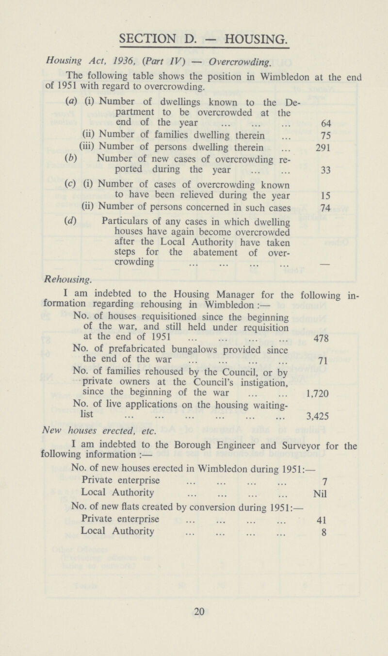 SECTION D. - HOUSING. Housing Act, 1936, (Part IV) — Overcrowding. The following table shows the position in Wimbledon at the end of 1951 with regard to overcrowding. (a) (i) Number of dwellings known to the De partment to be overcrowded at the end of the year 64 (ii) Number of families dwelling therein 75 (iii) Number of persons dwelling therein 291 (b) Number of new cases of overcrowding re ported during the year 33 (c) (i) Number of cases of overcrowding known to have been relieved during the year 15 (ii) Number of persons concerned in such cases 74 (d) Particulars of any cases in which dwelling houses have again become overcrowded after the Local Authority have taken steps for the abatement of over crowding - Rehousing. I am indebted to the Housing Manager for the following in formation regarding rehousing in Wimbledon:— No. of houses requisitioned since the beginning of the war, and still held under requisition at the end of 1951 478 No. of prefabricated bungalows provided since the end of the war 71 No. of families rehoused by the Council, or by private owners at the Council's instigation, since the beginning of the war 1,720 No. of live applications on the housing waiting list 3,425 New houses erected, etc. I am indebted to the Borough Engineer and Surveyor for the following information:— No. of new houses erected in Wimbledon during 1951:— Private enterprise 7 Local Authority Nil No. of new flats created by conversion during 1951:— Private enterprise 41 Local Authority 8 20