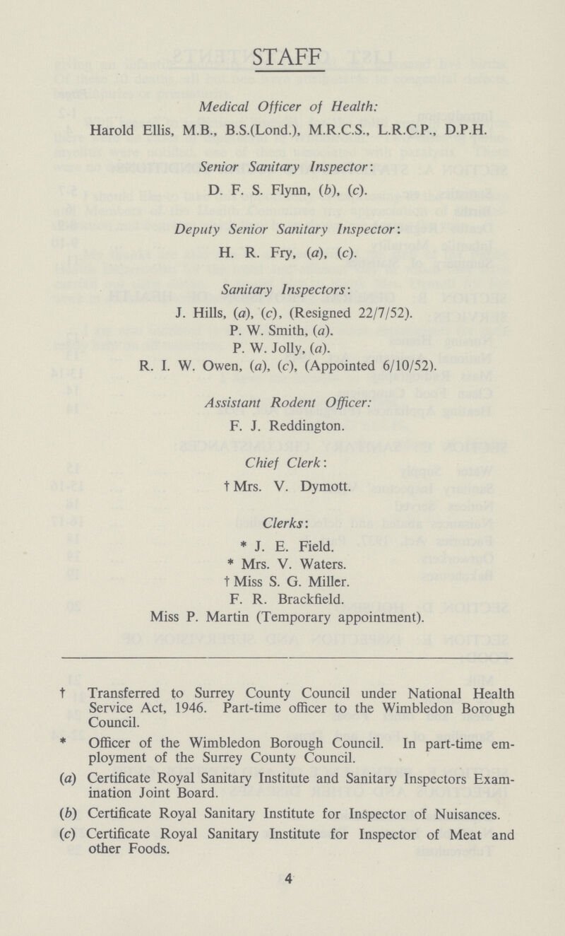 STAFF Medical Officer of Health: Harold Ellis, M B., B.S.(Lond.), M.R.C.S., L.R.C.P., D.P.H. Senior Sanitary Inspector: D. F. S. Flynn, (b), (c). Deputy Senior Sanitary Inspector: H. R. Fry. (a), (c). Sanitary Inspectors'. J. Hills, (a), (c), (Resigned 22/7/52). P. W. Smith, (a). P. W. Jolly, (a). R. I. W. Owen, (a), (c), (Appointed 6/10/52). Assistant Rodent Officer: F. J. Reddington. Chief Clerk: † Mrs. V. Dymott. Clerks: * J. E. Field. * Mrs. V. Waters. † Miss S. G. Miller. F. R. Brackfield. Miss P. Martin (Temporary appointment). † Transferred to Surrey County Council under National Health Service Act, 1946. Part-time officer to the Wimbledon Borough Council. * Officer of the Wimbledon Borough Council. In part-time em ployment of the Surrey County Council. (a) Certificate Royal Sanitary Institute and Sanitary Inspectors Exam ination Joint Board. (b) Certificate Royal Sanitary Institute for Inspector of Nuisances. (c) Certificate Royal Sanitary Institute for Inspector of Meat and other Foods. 4