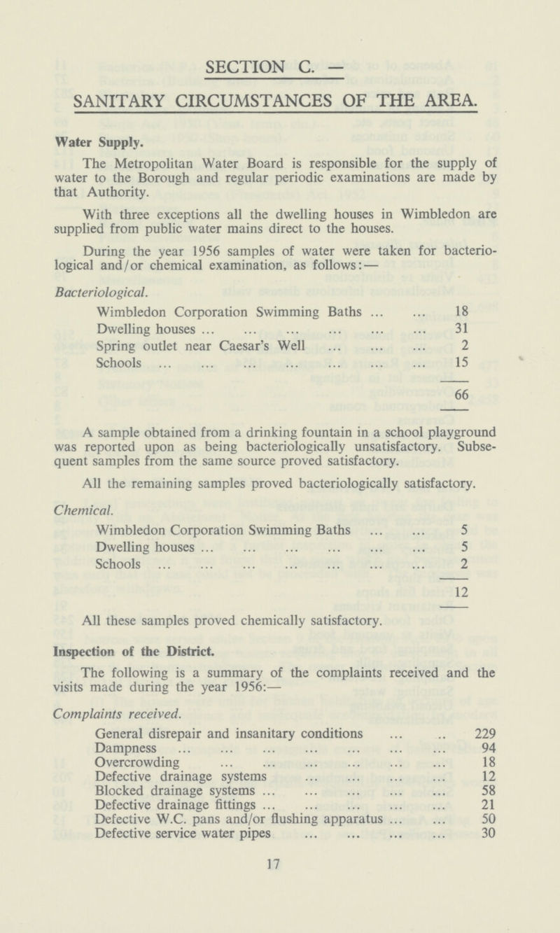 SECTION C. — SANITARY CIRCUMSTANCES OF THE AREA. Water Supply. The Metropolitan Water Board is responsible for the supply of water to the Borough and regular periodic examinations are made by that Authority. With three exceptions all the dwelling houses in Wimbledon are supplied from public water mains direct to the houses. During the year 1956 samples of water were taken for bacterio logical and/or chemical examination, as follows:'— Bacteriological. Wimbledon Corporation Swimming Baths 18 Dwelling houses 31 Spring outlet near Caesar's Well 2 Schools 15 66 A sample obtained from a drinking fountain in a school playground was reported upon as being bacteriologically unsatisfactory. Subse quent samples from the same source proved satisfactory. All the remaining samples proved bacteriologically satisfactory. Chemical. Wimbledon Corporation Swimming Baths 5 Dwelling houses 5 Schools 2 12 All these samples proved chemically satisfactory. Inspection of the District. The following is a summary of the complaints received and the visits made during the year 1956:— Complaints received. General disrepair and insanitary conditions 229 Dampness 94 Overcrowding 18 Defective drainage systems 12 Blocked drainage systems 58 Defective drainage fittings 21 Defective W.C. pans and/or flushing apparatus 50 Defective service water pipes 30 17