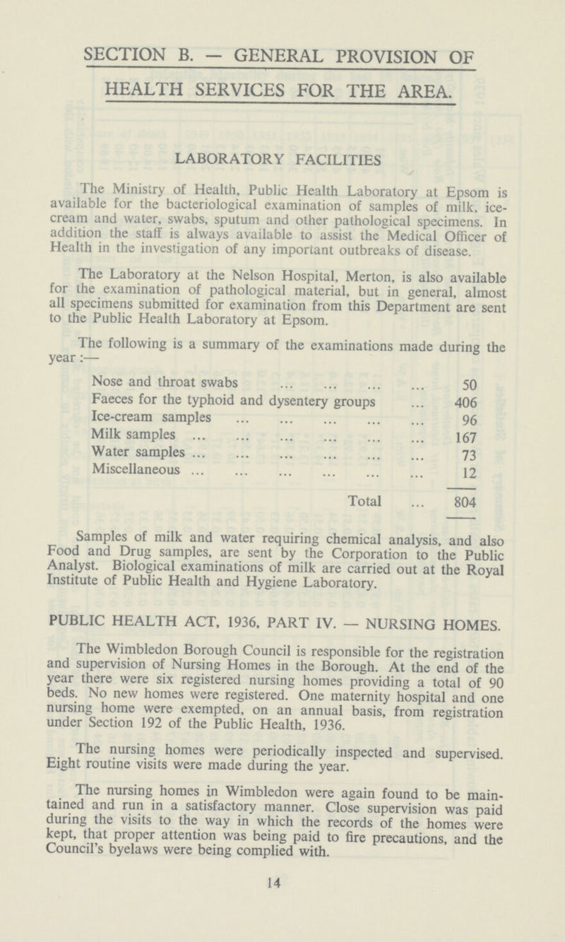 SECTION B. — GENERAL PROVISION OF HEALTH SERVICES FOR THE AREA. LABORATORY FACILITIES The Ministry of Health, Public Health Laboratory at Epsom is available for the bacteriological examination of samples of milk, ice cream and water, swabs, sputum and other pathological specimens. In addition the staff is always available to assist the Medical Officer of Health in the investigation of any important outbreaks of disease. The Laboratory at the Nelson Hospital, Merton, is also available for the examination of pathological material, but in general, almost all specimens submitted for examination from this Department are sent to the Public Health Laboratory at Epsom. The following is a summary of the examinations made during the year:— Nose and throat swabs 50 Faeces for the typhoid and dysentery groups 406 Ice-cream samples 96 Milk samples 167 Water samples 73 Miscellaneous 12 Total 804 Samples of milk and water requiring chemical analysis, and also Food and Drug samples, are sent by the Corporation to the Public Analyst. Biological examinations of milk are carried out at the Royal Institute of Public Health and Hygiene Laboratory. PUBLIC HEALTH ACT, 1936, PART IV. — NURSING HOMES. The Wimbledon Borough Council is responsible for the registration and supervision of Nursing Homes in the Borough. At the end of the year there were six registered nursing homes providing a total of 90 beds. No new homes were registered. One maternity hospital and one nursing home were exempted, on an annual basis, from registration under Section 192 of the Public Health, 1936. The nursing homes were periodically inspected and supervised. Eight routine visits were made during the year. The nursing homes in Wimbledon were again found to be main tained and run in a satisfactory manner. Close supervision was paid during the visits to the way in which the records of the homes were kept, that proper attention was being paid to fire precautions, and the Council's byelaws were being complied with. 14