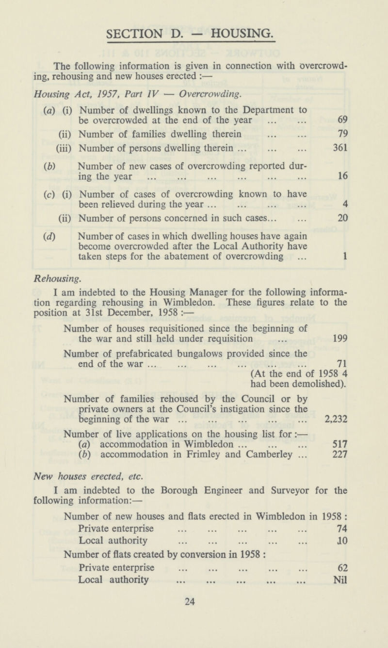 SECTION D. — HOUSING. The following information is given in connection with overcrowd ing, rehousing and new houses erected:— Housing Act 1957, Part IV — Overcrowding. (a) (i) Number of dwellings known to the Department to be overcrowded at the end of the year 69 (ii) Number of families dwelling therein 79 (iii) Number of persons dwelling therein 361 (b) Number of new cases of overcrowding reported dur ing the year 16 (c) (i) Number of cases of overcrowding known to have been relieved during the year 4 (ii) Number of persons concerned in such cases 20 (d) Number of cases in which dwelling houses have again become overcrowded after the Local Authority have taken steps for the abatement of overcrowding 1 Rehousing. I am indebted to the Housing Manager for the following informa tion regarding rehousing in Wimbledon. These figures relate to the position at 31st December, 1958 :— Number of houses requisitioned since the beginning of the war and still held under requisition 199 Number of prefabricated bungalows provided since the end of the war 71 (At the end of 1958 4 had been demolished). Number of families rehoused by the Council or by private owners at the Council's instigation since the beginning of the war 2,232 Number of live applications on the housing fist for:— (a) accommodation in Wimbledon 517 (b) accommodation in Frimley and Camberley 227 New houses erected, etc. I am indebted to the Borough Engineer and Surveyor for the following information:— Number of new houses and flats erected in Wimbledon in 1958 : Private enterprise 74 Local authority 1O Number of flats created by conversion in 1958 : Private enterprise 62 Local authority Nil 24