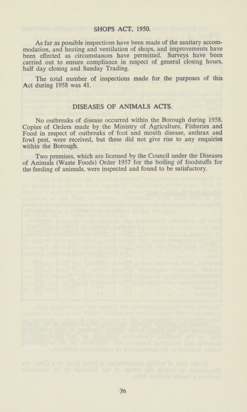 SHOPS ACT. 1950. As far as possible inspections have been made of the sanitary accom modation, and heating and ventilation of shops, and improvements have been effected as circumstances have permitted. Surveys have been carried out to ensure compliance in respect of general closing hours, half day closing and Sunday Trading. The total number of inspections made for the purposes of this Act during 1958 was 41. DISEASES OF ANIMALS ACTS. No outbreaks of disease occurred within the Borough during 1958. Copies of Orders made by the Ministry of Agriculture, Fisheries and Food in respect of outbreaks of foot and mouth disease, anthrax and fowl pest, were received, but these did not give rise to any enquiries within the Borough. Two premises, which are licensed by the Council under the Diseases of Animals (Waste Foods) Order 1957 for the boiling of foodstuffs for the feeding of animals, were inspected and found to be satisfactory. 36