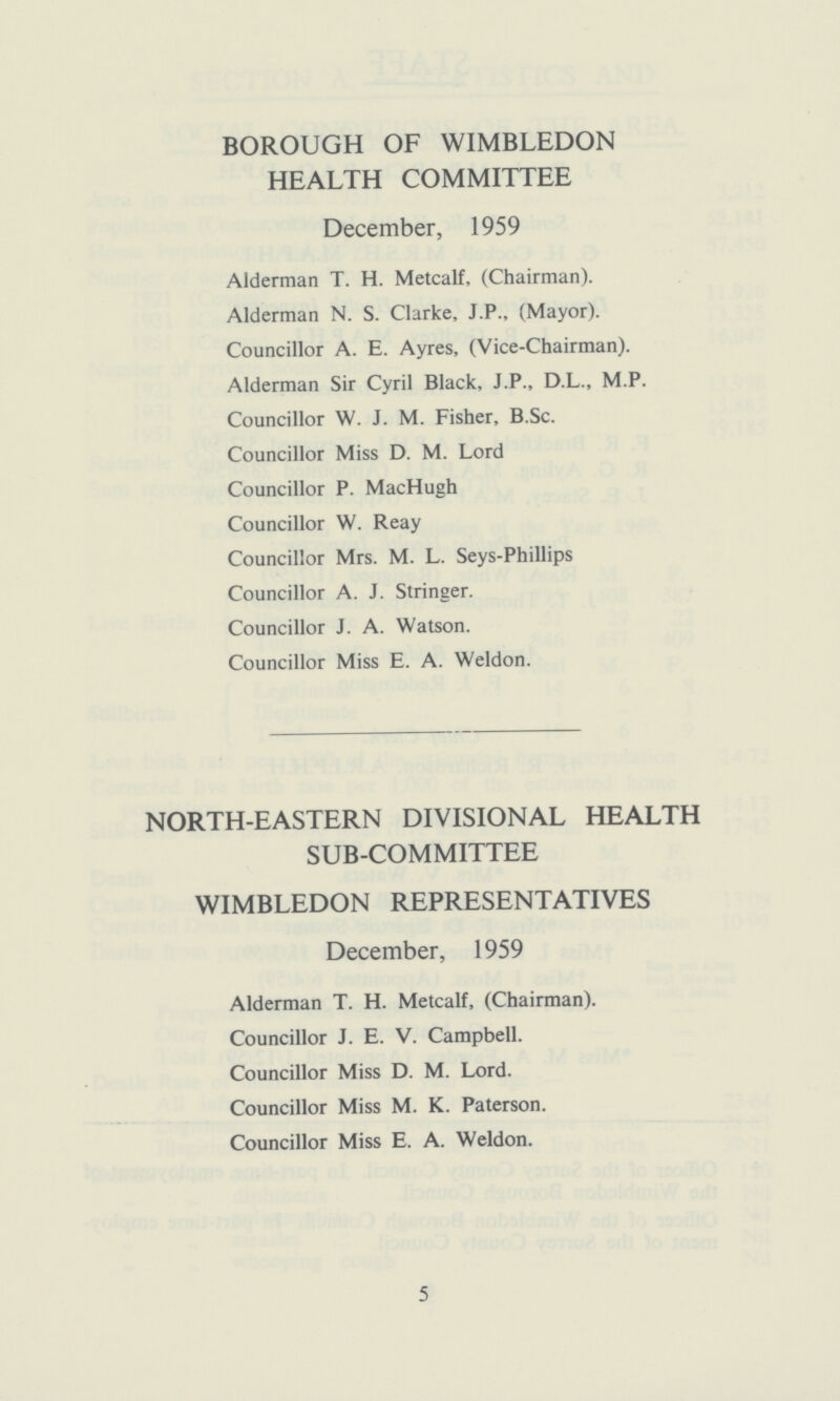 BOROUGH OF WIMBLEDON HEALTH COMMITTEE December, 1959 Alderman T. H. Metcalf. (Chairman). Alderman N. S. Clarke, J.P., (Mayor). Councillor A. E. Ayres, (Vice-Chairman). Alderman Sir Cyril Black, J.P., D.L., M.P. Councillor W. J. M. Fisher, B.Sc. Councillor Miss D. M. Lord Councillor P. MacHugh Councillor W. Reay Councillor Mrs. M. L. Seys-Phillips Councillor A. J. Stringer. Councillor J. A. Watson. Councillor Miss E. A. Weldon. NORTH-EASTERN DIVISIONAL HEALTH SUB-COMMITTEE WIMBLEDON REPRESENTATIVES December, 1959 Alderman T. H. Metcalf, (Chairman). Councillor J. E. V. Campbell. Councillor Miss D. M. Lord. Councillor Miss M. K. Paterson. Councillor Miss E. A. Weldon. 5