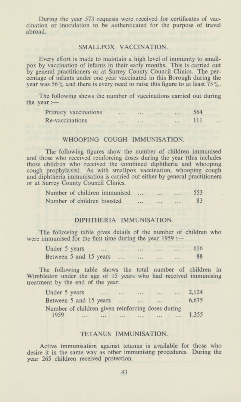 During the year 573 requests were received for certificates of vac cination or inoculation to be authenticated for the purpose of travel abroad. SMALLPOX VACCINATION. Every effort is made to maintain a high level of immunity to small pox by vaccination of infants in their early months. This is carried out by general practitioners or at Surrey County Council Clinics. The per centage of infants under one year vaccinated in this Borough during the year was 56% and there is every need to raise this figure to at least 75%. The following shews the number of vaccinations carried out during the yea:— Primary vaccinations 564 Re-vaccinations Ill WHOOPING COUGH IMMUNISATION. The following figures show the number of children immunised and those who received reinforcing doses during the year (this includes those children who received the combined diphtheria and whooping cough prophylaxis). As with smallpox vaccination, whooping cough and diphtheria immunisation is carried out either by general practitioners or at Surrey County Council Clinics. Number of children immunised 553 Number of children boosted 83 DIPHTHERIA IMMUNISATION. The following table gives details of the number of children who were immunised for the first time during the year 1959:— Under 5 years 616 Between 5 and 15 years 88 The following table shows the total number of children in Wimbledon under the age of 15 years who had received immunising treatment by the end of the year. Under 5 years 2,124 Between 5 and 15 years 6,675 Number of children given reinforcing doses during 1959 1,355 TETANUS IMMUNISATION. Active immunisation against tetanus is available for those who desire it in the same way as other immunising procedures. During the year 265 children received protection. 43