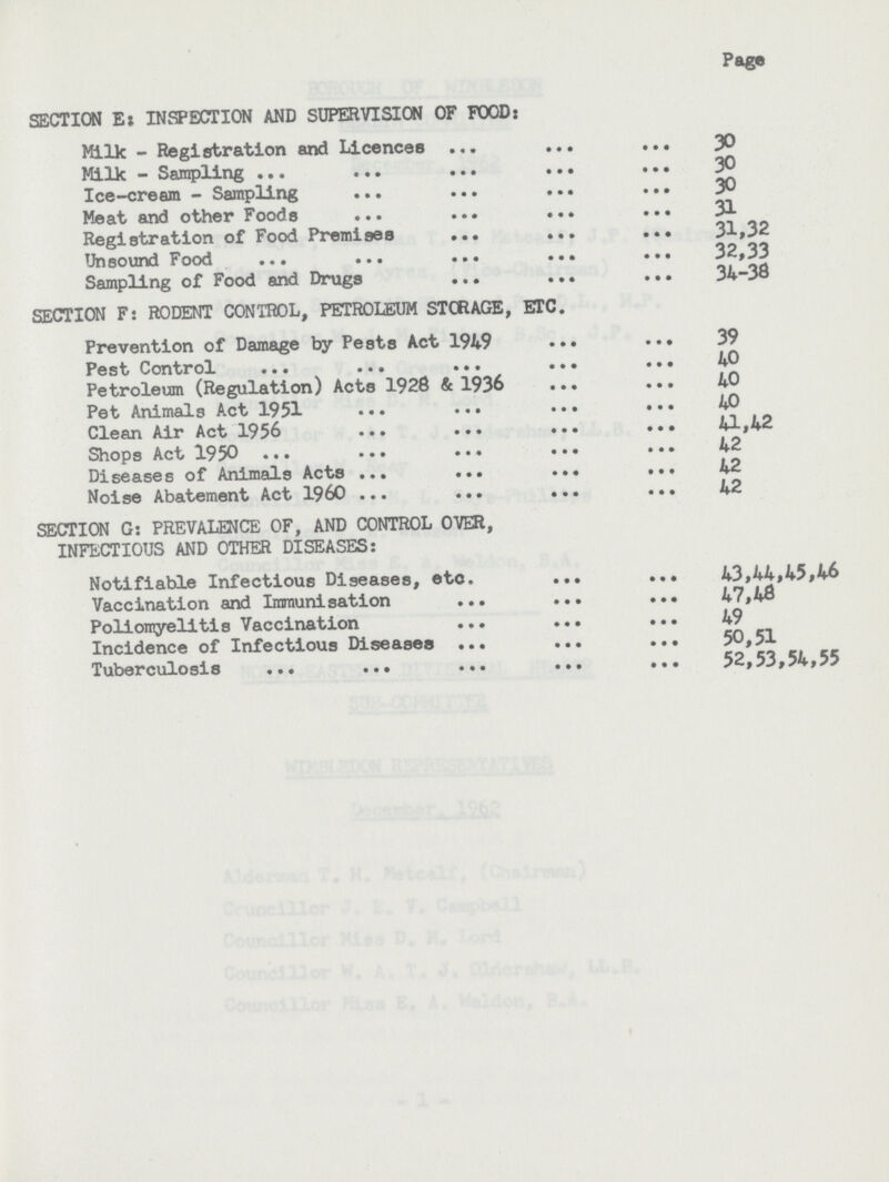 Page SECTION E: INSPECTION AND SUPERVISION OF POOD: Milk - Registration and Licences 30 Milk ™ Sampling 30 Ice-cream - Sampling 30 Meat and other Foods 31 Registration of Food Premises 31,32 Unsound Food 32,33 Sampling of Food and Drugs 34-38 SECTION F: RODENT CONTROL, PETROLEUM STORAGE, ETC. Prevention of Damage by Pests Act 1949 39 Pest Control 40 Petroleum (Regulation) Acts 1928 & 1936 40 Pet Animals Act 1951 40 Clean Air Act 1956 41,42 Shops Act 1950 42 Diseases of Animals Acts 42 Noise Abatement Act I960 42 SECTION G: PREVALENCE OF, AND CONTROL OVER, INFECTIOUS AND OTHER DISEASES: Notifiable Infectious Diseases, etc. 43,44,45,46 Vaccination and Immunisation 47,48 Poliomyelitis Vaccination 49 Incidence of Infectious Diseases 50,51 Tuberculosis 52,53,54,55