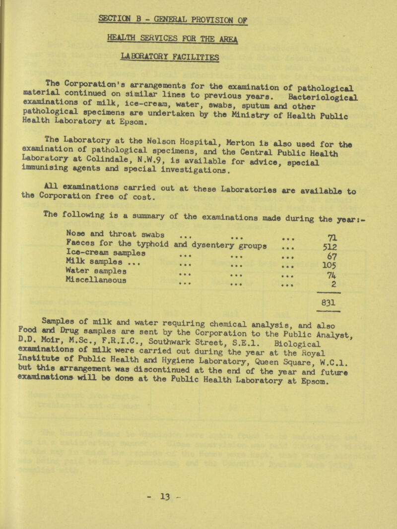 SECTION B - GENERAL PROVISION OP HEALTH SERVICES FOR THE AREA LABORATORY FACILITIES The Corporation's arrangements for the examination of pathological material continued on similar lines to previous years. Bacteriological examinations of milk, ice-cream, water, swabs, sputum and other pathological specimens are undertaken by the Ministry of Health Public Health Laboratory at Epsom. The Laboratory at the Nelson Hospital, Merton is also used for the examination of pathological specimens, and the Central Public Health Laboratory at Colindale, N.W.9, is available for advice, special immunising agents and special investigations. All examinations carried out at these Laboratories are available to the Corporation free of cost. The following is a summary of the examinations made during the year: . Nose and throat swabs 71 Faeces for the typhoid and dysentery groups 512 Ice-cream samples 67 Milk samples 105 Water samples 74 Miscellaneous 2 831 Samples of milk and water requiring chemical analysis, and also Food and Drug samples are sent by the Corporation to the Public Analyst, D.D. Moir, M.Sc., F.R.I.C., Southwark Street, S.E.I. Biological examinations of milk were carried out during the year at the Royal Institute of Public Health and Hygiene Laboratory, Queen Square, W.C.I, but this arrangement was discontinued at the end of the year and future examinations will be done at the Public Health Laboratory at Epsom. - 13 -