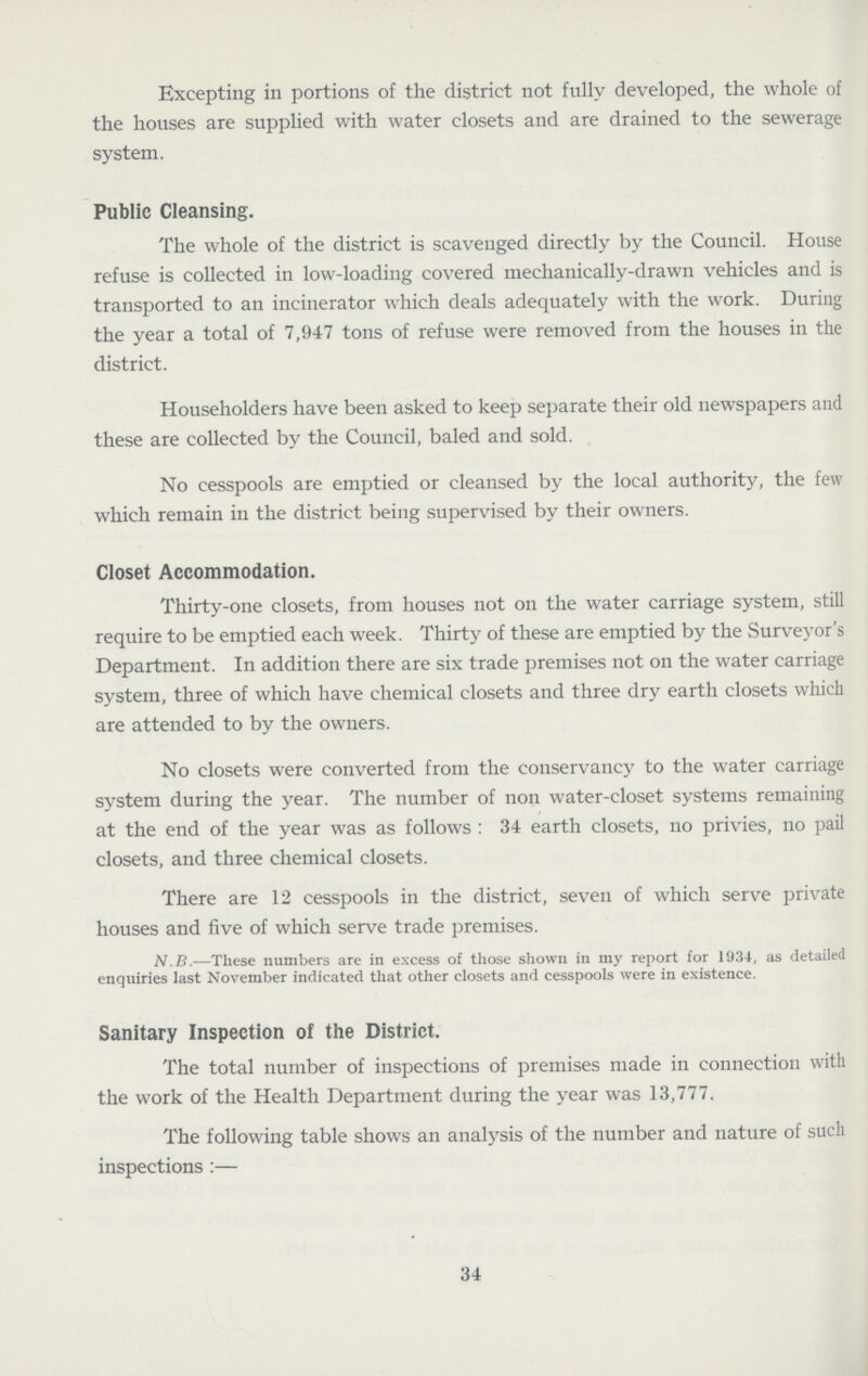 Excepting in portions of the district not fully developed, the whole of the houses are supplied with water closets and are drained to the sewerage system. Public Cleansing. The whole of the district is scavenged directly by the Council. House refuse is collected in low-loading covered mechanically-drawn vehicles and is transported to an incinerator which deals adequately with the work. During the year a total of 7,947 tons of refuse were removed from the houses in the district. Householders have been asked to keep separate their old newspapers and these are collected by the Council, baled and sold. No cesspools are emptied or cleansed by the local authority, the few which remain in the district being supervised by their owners. Closet Accommodation. Thirty-one closets, from houses not on the water carriage system, still require to be emptied each week. Thirty of these are emptied by the Surveyor's Department. In addition there are six trade premises not on the water carriage system, three of which have chemical closets and three dry earth closets which are attended to by the owners. No closets were converted from the conservancy to the water carriage system during the year. The number of non water-closet systems remaining at the end of the year was as follows: 34 earth closets, no privies, no pail closets, and three chemical closets. There are 12 cesspools in the district, seven of which serve private houses and five of which serve trade premises. N.B.—These numbers are in excess of those shown in my report for 1934, as detailed enquiries last November indicated that other closets and cesspools were in existence. Sanitary Inspection of the District. The total number of inspections of premises made in connection with the work of the Health Department during the year was 13,777. The following table shows an analysis of the number and nature of such inspections :— 34