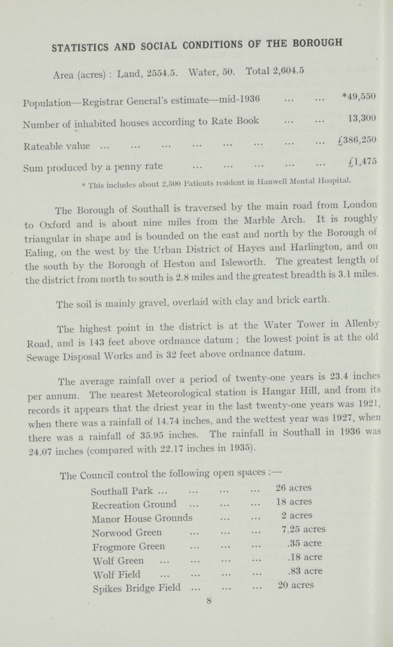 STATISTICS AND SOCIAL CONDITIONS OF THE BOROUGH Area (acres): Land, 2554.5. Water, 50. Total 2,604.5 Population—Registrar General's estimate—mid-1936 *49,550 Number of inhabited houses according to Rate Book 13,300 Rateable value £386,250 Sum produced by a penny rate £1.475 * This includes about 2,500 Patients resident in Hanwell Mental Hospital. The Borough of Southall is traversed by the main road from London to Oxford and is about nine miles from the Marble Arch. It is roughly triangular in shape and is bounded on the east and north by the Borough of Ealing, on the west by the Urban District of Hayes and Harlington, and on the south by the Borough of Heston and Isleworth. The greatest length of the district from north to south is 2.8 miles and the greatest breadth is 3.1 miles. The soil is mainly gravel, overlaid with clay and brick earth. The highest point in the district is at the Water Tower in Allenby Road, and is 143 feet above ordnance datum ; the lowest point is at the old Sewage Disposal Works and is 32 feet above ordnance datum. The average rainfall over a period of twenty-one years is 23.4 inches per annum. The nearest Meteorological station is Hangar Hill, and from its records it appears that the driest year in the last twenty-one years was 1921, when there was a rainfall of 14.74 inches, and the wettest year was 1927, when there was a rainfall of 35.95 inches. The rainfall in Southall in 1936 was 24.07 inches (compared with 22.17 inches in 1935). The Council control the following open spaces:— Southall Park 26 acres Recreation Ground 18 acres Manor House Grounds 2 acres Norwood Green 7.25 acres Frogmore Green .35 acre Wolf Green .18 acre Wolf Field .83 acre Spikes Bridge Field 20 acres 8