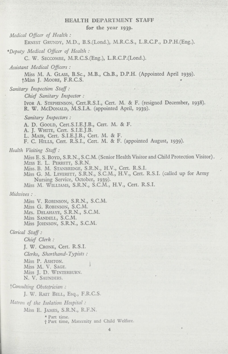 HEALTH DEPARTMENT STAFF for the year 1939. Medical Officer of Health: Ernest Grundy, M.D., B.S.(Lond.), M.R.C.S., L.R.C.P., D.P.H.(Eng.). *Deputy Medical Officer of Health: C. W. Seccombe, M.R.C.S.(Eng.), L.R.C.P.(Lond.). Assistant Medical Officers: Miss M. A. Glass, B.Sc., M.B., Ch.B., D.P.H. (Appointed April 1939). †Miss J. Moore, F.R.C.S. Sanitary Inspection Staff: Chief Sanitary Inspector: Ivor A. Stephenson, Cert.R.S.I., Cert. M. & F. (resigned December, 1938). R. W. McDonald, M.S.I.A. (appointed April, 1939). Sanitary Inspectors: A. D. Goold, Cert.S.I.E.J.B., Cert. M. & F. A. J. White, Cert. S.I.E.J.B. L. Mair, Cert. S.I.E.J.B., Cert. M. & F. F. C. Hills, Cert. R.S.I., Cert. M. & F. (appointed August, 1939). Health Visiting Staff: Miss E. S. Boyd, S.R.N., S.C.M. (Senior Health Visitor and Child Protection Visitor). Miss E. L. Perrett, S.R.N. Miss.B. M. Stanbridge, S.R.N., H.V., Cert. R.S.I. Miss G. M. Leverett, S.R.N., S.C.M., H.V., Cert. R.S.I, (called up for Army Nursing Service, October, 1939). Miss M. Williams, S.R.N., S.C.M., H.V., Cert. R.S.I. Midwives:. Miss V. Robinson, S.R.N., S.C.M. Miss G. Robinson, S.C.M. Mrs. Delahaye, S.R.N., S.C.M. Miss Sandell, S.C.M. Miss Johnson, S.R.N., S.C.M. Clerical Staff: Chief Clerk: J. W. Cronk, Cert. R.S.I. Clerks, Shorthand- Typists: Miss P. Ashton. Miss M. V. Sage. Miss J. D. Winterburn. N. V. Saunders. † Consulting Obstetrician: J. W. Rait Bell, Esq., F.R.C.S. Matron of the Isolation Hospital: Miss E. James, S.R.N., R.F.N. * Part time. † Part time, Maternity and Child Welfare. 4