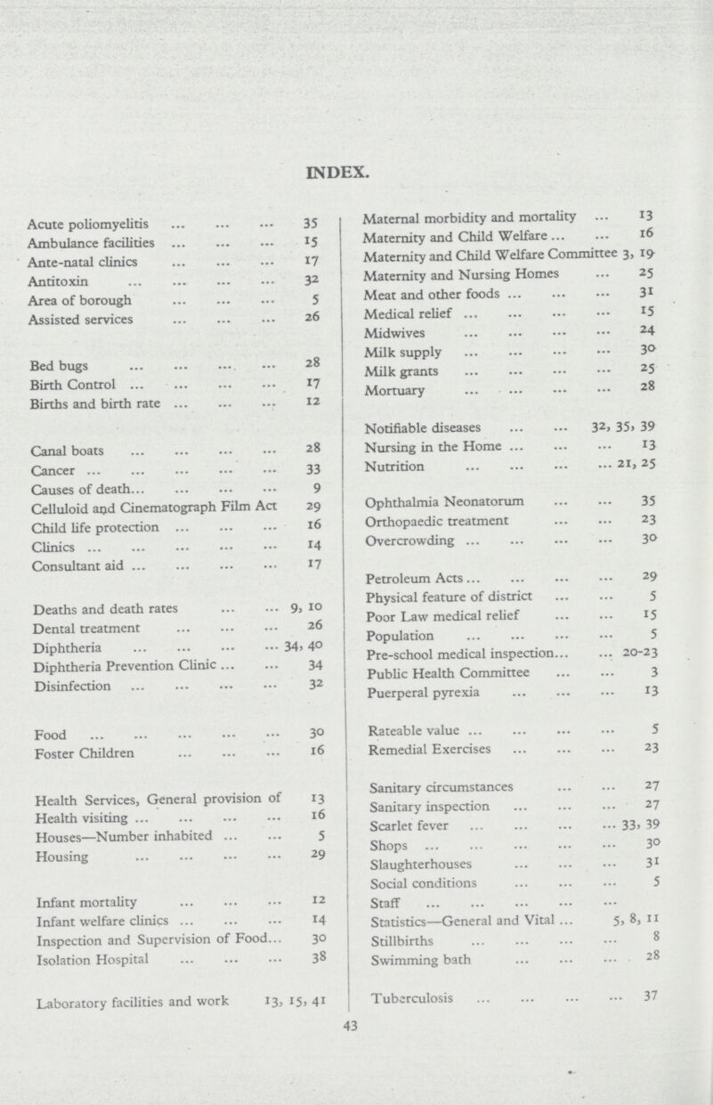 INDEX. Acute poliomyelitis 35 Ambulance facilities 15 Ante-natal clinics 17 Antitoxin 32 Area of borough 5 Assisted services 26 Bed bugs 28 Birth Control 17 Births and birth rate 12 Canal boats 28 Cancer 33 Causes of death 9 Celluloid and Cinematograph Film Act 29 Child life protection 16 Clinics 14 Consultant aid 17 Deaths and death rates 9, 10 Dental treatment 26 Diphtheria 34. 40 Diphtheria Prevention Clinic 34 Disinfection 32 Food 30 Foster Children 16 Health Services, General provision of 13 Health visiting 16 Houses—Number inhabited 5 Housing 29 Infant mortality 12 Infant welfare clinics 14 Inspection and Supervision of Food 30 Isolation Hospital 38 Laboratory facilities and work 13, 15, 41 Maternal morbidity and mortality 13 Maternity and Child Welfare 16 Maternity and Child Welfare Committee 3, 19 Maternity and Nursing Homes 25 Meat and other foods 31 Medical relief 15 Midwives 24 Milk supply 30 Milk grants 25 Mortuary 28 Notifiable diseases 32, 35, 39 Nursing in the Home 13 Nutrition 21, 25 Ophthalmia Neonatorum 35 Orthopaedic treatment 23 Overcrowding 30 Petroleum Acts 29 Physical feature of district 5 Poor Law medical relief 15 Population 5 Pre-school medical inspection 20-23 Public Health Committee 3 Puerperal pyrexia 13 Rateable value 5 Remedial Exercises 23 Sanitary circumstances 27 Sanitary inspection 27 Scarlet fever 33, 39 Shops 30 Slaughterhouses 31 Social conditions 5 Staff Statistics—General and Vital 5, 8, 11 Stillbirths 8 Swimming bath 28 Tuberculosis 37 43