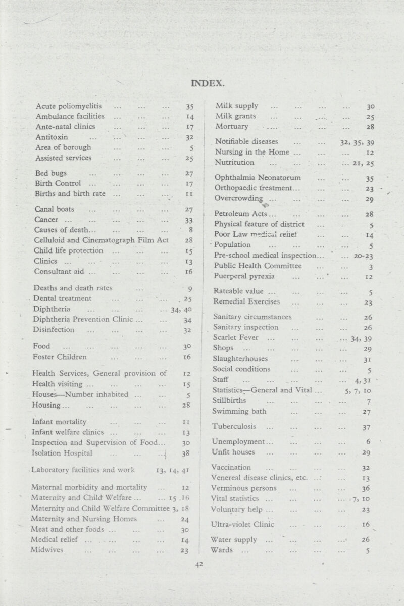 INDEX. Acute poliomyelitis 35 Ambulance facilities 14 Ante-natal clinics 17 Antitoxin 32 Area of borough 5 Assisted services 25 Bed bugs 27 Birth Control 17 Births and birth rate 11 Canal boats 27 Cancer 33 Causes of death 8 Celluloid and Cinematograph Film Act 28 Child life protection 15 Clinics 13 Consultant aid 16 Deaths and death rates 9 Dental treatment 25 Diphtheria 34, 40 Diphtheria Prevention Clinic 34 Disinfection 32 Food 30 Foster Children 16 Health Services, General provision of 12 Health visiting 15 Houses—Number inhabited 5 Housing 28 Infant mortality 11 Infant welfare clinics 13 Inspection and Supervision of Food 30 Isolation Hospital 38 Laboratory facilities and work 13, 14, 41 Maternal morbidity and mortality 12 Maternity and Child Welfare 15, 16 Maternity and Child Welfare Committee 3, 18 Maternity and Nursing Homes 24 Meat and other foods 30 Medical relief 14 Midwives 23 Milk supply 30 Milk grants 25 Mortuary 28 Notifiable diseases 32, 35, 39 Nursing in the Home 12 Nutritution 21, 25 Ophthalmia Neonatorum 35 Orthopaedic treatment 23 Overcrowding 29 Petroleum Acts 28 Physical feature of district 5 Poor Law medical relief 14 Population 5 Pre-school medical inspection 20-23 Public Health Committee 3 Puerperal pyrexia 12 Rateable value 5 Remedial Exercises 23 Sanitary circumstances 26 Sanitary inspection 26 Scarlet Fever 34, 39 Shops 29 Slaughterhouses 31 Social conditions 5 Staff 4,31 Statistics—General and Vital 5, 7, 10 Stillbirths 7 Swimming bath 27 Tuberculosis 37 Unemployment 6 Unfit houses 29 Vaccination 32 Venereal disease clinics, etc. 13 Verminous persons 36 Vital statistics 7,10 Voluntary help 23 Ultra-violet Clinic 16 Water supply 26 Wards 5 42