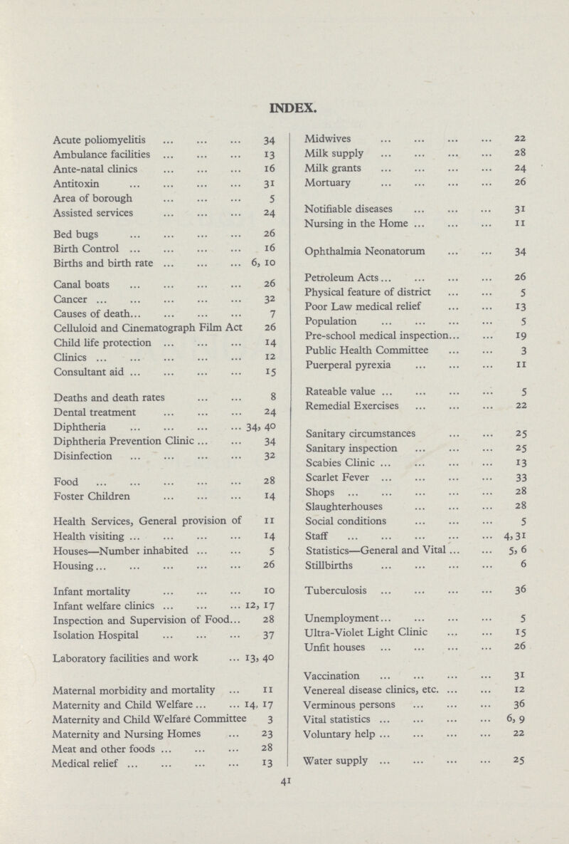 INDEX. Acute poliomyelitis 34 Ambulance facilities 13 Ante-natal clinics 16 Antitoxin 31 Area of borough 5 Assisted services 24 Bed bugs 26 Birth Control 16 Births and birth rate 6, 10 Canal boats 26 Cancer 32 Causes of death 7 Celluloid and Cinematograph Film Act 26 Child life protection 14 Clinics 12 Consultant aid 15 Deaths and death rates 8 Dental treatment 24 Diphtheria 34, 40 Diphtheria Prevention Clinic 34 Disinfection 32 Food 28 Foster Children 14 Health Services, General provision of 11 Health visiting 14 Houses—Number inhabited 5 Housing 26 Infant mortality 10 Infant welfare clinics 12, 17 Inspection and Supervision of Food 28 Isolation Hospital 37 Laboratory facilities and work 13, 40 Maternal morbidity and mortality 11 Maternity and Child Welfare 14, 17 Maternity and Child Welfare Committee 3 Maternity and Nursing Homes 23 Meat and other foods 28 Medical relief 13 Midwives 22 Milk supply 28 Milk grants 24 Mortuary 26 Notifiable diseases 31 Nursing in the Home 11 Ophthalmia Neonatorum 34 Petroleum Acts 26 Physical feature of district 5 Poor Law medical relief 13 Population 5 Pre-school medical inspection 19 Public Health Committee 3 Puerperal pyrexia 11 Rateable value 5 Remedial Exercises 22 Sanitary circumstances 25 Sanitary inspection 25 Scabies Clinic 13 Scarlet Fever 33 Shops 28 Slaughterhouses 28 Social conditions 5 Staff 4,31 Statistics—General and Vital 5, 6 Stillbirths 6 Tuberculosis 36 Unemployment 5 Ultra-Violet Light Clinic 15 Unfit houses 26 Vaccination 31 Venereal disease clinics, etc 12 Verminous persons 36 Vital statistics 6, 9 Voluntary help 22 Water supply 25 41