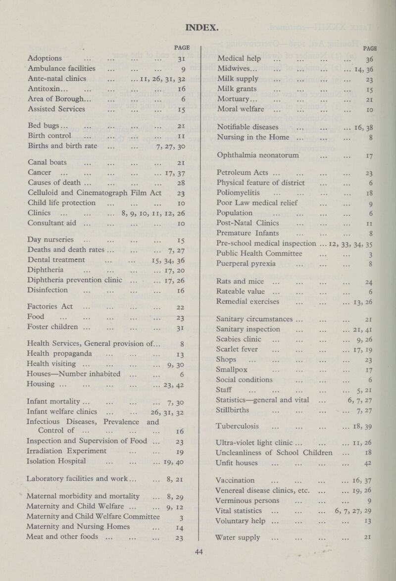 INDEX. page Adoptions 31 Ambulance facilities 9 Ante-natal clinics 11,26,31,32 Antitoxin 16 Area of Borough 6 Assisted Services 15 Bed bugs 21 Birth control 11 Births and birth rate 7, 27, 30 Canal boats 21 Cancer 17, 37 Causes of death 28 Celluloid and Cinematograph Film Act 23 Child life protection 10 Clinics 8, 9, 10, 11, 12, 26 Consultant aid 10 Day nurseries 15 Deaths and death rates 7, 27 Dental treatment 15, 34, 36 Diphtheria 17,20 Diphtheria prevention clinic 17,26 Disinfection 16 Factories Act 22 Food 23 Foster children 31 Health Services, General provision of 8 Health propaganda 13 Health visiting 9, 30 Houses—Number inhabited 6 Housing 23, 42 Infant mortality 7, 30 Infant welfare clinics 26,31,32 Infectious Diseases, Prevalence and Control of 16 Inspection and Supervision of Food 23 Irradiation Experiment 19 Isolation Hospital 19,40 Laboratory facilities and work 8,21 Maternal morbidity and mortality 8,29 Maternity and Child Welfare 9, 12 Maternity and Child Welfare Committee 3 Maternity and Nursing Homes 14 Meat and other foods 23 PAGE Medical help 36 Midwives 14,36 Milk supply 23 Milk grants 15 Mortuary 21 Moral welfare 10 Notifiable diseases 16,38 Nursing in the Home 8 Ophthalmia neonatorum 17 Petroleum Acts 23 Physical feature of district 6 Poliomyelitis 18 Poor Law medical relief 9 Population 6 Post-Natal Clinics 11 Premature Infants 8 Pre-school medical inspection12, 33, 34, 35 Public Health Committee 3 Puerperal pyrexia 8 Rats and mice 24 Rateable value 6 Remedial exercises 13, 26 Sanitary circumstances 21 Sanitary inspection 21,41 Scabies clinic 9, 26 Scarlet fever 17, 19 Shops 23 Smallpox 17 Social conditions 6 Staff 5,21 Statistics—general and vital 6, 7, 27 Stillbirths 7,27 Tuberculosis 18,39 Ultra-violet light clinic 11, 26 Uncleanliness of School Children 18 Unfit houses 42 Vaccination 16, 37 Venereal disease clinics, etc 19, 26 Verminous persons 9 Vital statistics 6, 7, 27, 29 Voluntary help 13 Water supply 21 44
