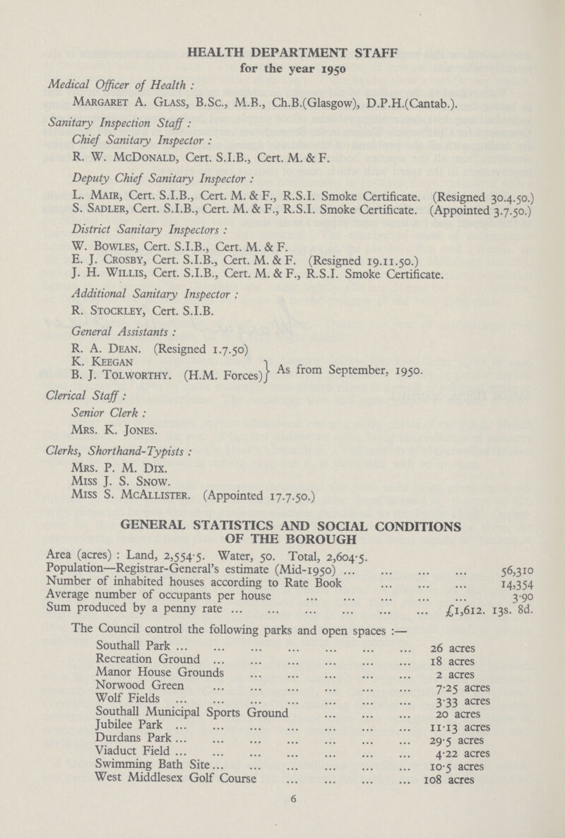 HEALTH DEPARTMENT STAFF for the year 1950 Medical Officer of Health: Margaret A. Glass, B.Sc., M.B., Ch.B.(Glasgow), D.P.H.(Cantab.). Sanitary Inspection Staff: Chief Sanitary Inspector: R. W. McDonald, Cert. S.I.B., Cert. M. & F. Deputy Chief Sanitary Inspector: L. Mair, Cert. S.I.B., Cert. M. & F., R.S.I. Smoke Certificate. (Resigned 30.4.50.) S. Sadler, Cert. S.I.B., Cert. M. & F., R.S.I. Smoke Certificate. (Appointed 3.7.50.) District Sanitary Inspectors: W. Bowles, Cert. S.I.B., Cert. M. & F. E. J. Crosby, Cert. S.I.B., Cert. M. & F. (Resigned 19.11.50.) J. H. Willis, Cert. S.I.B., Cert. M. & F., R.S.I. Smoke Certificate. Additional Sanitary Inspector: R. Stockley, Cert. S.I.B. General Assistants: R. A. Dean. (Resigned 1.7.50) K. Keegan B. J. Tolworthy. (H.M. Forces) As from September, 1950. Clerical Staff: Senior Clerk: Mrs. K. Jones. Clerks, Shorthand-Typists: Mrs. P. M. Dix. Miss J. S. Snow. Miss S. McAllister. (Appointed 17.7.50.) GENERAL STATISTICS AND SOCIAL CONDITIONS OF THE BOROUGH Area (acres) : Land, 2,554 5. Water, 50. Total, 2,604.5. Population—Registrar-General's estimate (Mid-1950) 56,310 Number of inhabited houses according to Rate Book 14,354 Average number of occupants per house 3.90 Sum produced by a penny rate £1,612. 13s. 8d. The Council control the following parks and open spaces:— Southall Park 26 acres Recreation Ground 18 acres Manor House Grounds 2 acres Norwood Green 7.25 acres Wolf Fields 3.33 acres Southall Municipal Sports Ground 20 acres Jubilee Park 11.13 acres Durdans Park 29.5 acres Viaduct Field 4.22 acres Swimming Bath Site 10.5 acres West Middlesex Golf Course 108 acres 6