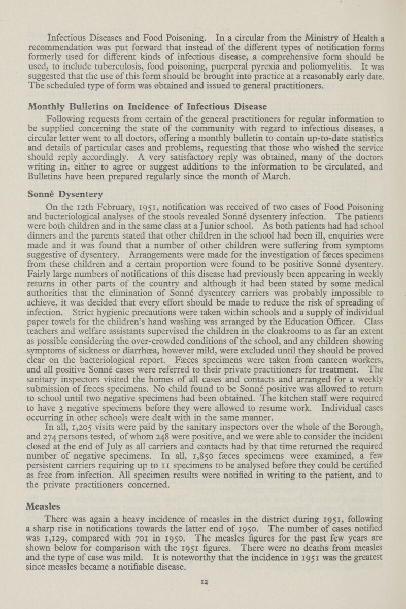 Infectious Diseases and Food Poisoning. In a circular from the Ministry of Health a recommendation was put forward that instead of the different types of notification forms formerly used for different kinds of infectious disease, a comprehensive form should be used, to include tuberculosis, food poisoning, puerperal pyrexia and poliomyelitis. It was suggested that the use of this form should be brought into practice at a reasonably early date. The scheduled type of form was obtained and issued to general practitioners. Monthly Bulletins on Incidence of Infectious Disease Following requests from certain of the general practitioners for regular information to be supplied concerning the state of the community with regard to infectious diseases, a circular letter went to all doctors, offering a monthly bulletin to contain up-to-date statistics and details of particular cases and problems, requesting that those who wished the service should reply accordingly. A very satisfactory reply was obtained, many of the doctors writing in, either to agree or suggest additions to the information to be circulated, and Bulletins have been prepared regularly since the month of March. Sonne Dysentery On the 12th February, 1951, notification was received of two cases of Food Poisoning and bacteriological analyses of the stools revealed Sonne dysentery infection. The patients were both children and in the same class at a Junior school. As both patients had had school dinners and the parents stated that other children in the school had been ill, enquiries were made and it was found that a number of other children were suffering from symptoms suggestive of dysentery. Arrangements were made for the investigation of feces specimens from these children and a certain proportion were found to be positive Sonne dysentery. Fairly large numbers of notifications of this disease had previously been appearing in weekly returns in other parts of the country and although it had been stated by some medical authorities that the elimination of Sonne dysentery carriers was probably impossible to achieve, it was decided that every effort should be made to reduce the risk of spreading of infection. Strict hygienic precautions were taken within schools and a supply of individual paper towels for the children's hand washing was arranged by the Education Officer. Class teachers and welfare assistants supervised the children in the cloakrooms to as far an extent as possible considering the over-crowded conditions of the school, and any children showing symptoms of sickness or diarrhoea, however mild, were excluded until they should be proved clear on the bacteriological report. Faeces specimens were taken from canteen workers, and all positive Sonne cases were referred to their private practitioners for treatment. The sanitary inspectors visited the homes of all cases and contacts and arranged for a weekly submission of feces specimens. No child found to be Sonne positive was allowed to return to school until two negative specimens had been obtained. The kitchen staff were required to have 3 negative specimens before they were allowed to resume work. Individual cases occurring in other schools were dealt with in the same manner. In all, 1,205 visits were paid by the sanitary inspectors over the whole of the Borough, and 274 persons tested, of whom 248 were positive, and we were able to consider the incident closed at the end of July as all carriers and contacts had by that time returned the required number of negative specimens. In all, 1,850 feces specimens were examined, a few persistent carriers requiring up to 11 specimens to be analysed before they could be certified as free from infection. All specimen results were notified in writing to the patient, and to the private practitioners concerned. Measles There was again a heavy incidence of measles in the district during 1951, following a sharp rise in notifications towards the latter end of 1950. The number of cases notified was 1,129, compared with 701 in 1950. The measles figures for the past few years are shown below for comparison with the 1951 figures. There were no deaths from measles and the type of case was mild. It is noteworthy that the incidence in 1951 was the greatest since measles became a notifiable disease. 12