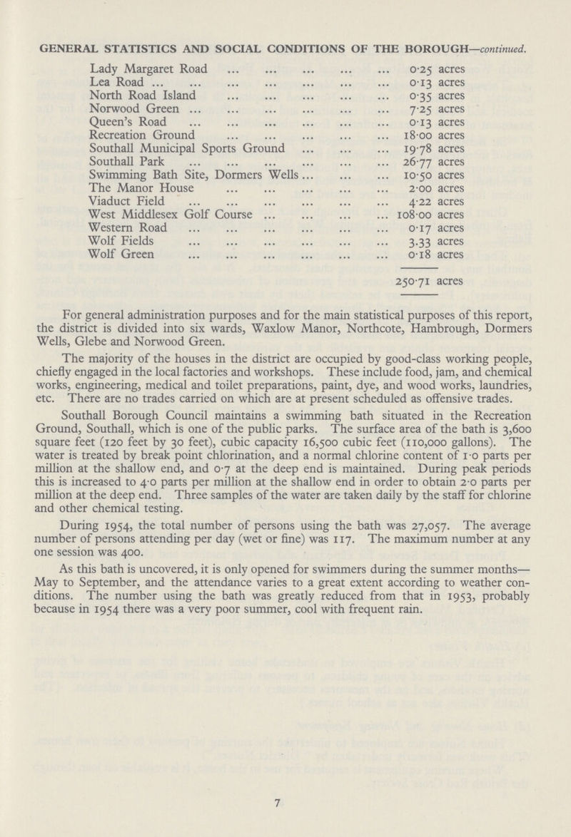 GENERAL STATISTICS AND SOCIAL CONDITIONS OF THE BOROUGH—continued. Lady Margaret Road 0.25 acres Lea Road 0.13 acres North Road Island 0.35 acres Norwood Green 7.25 acres Queen's Road 0.13 acres Recreation Ground 18.00 acres Southall Municipal Sports Ground 19.78 acres Southall Park 26.77 acres Swimming Bath Site, Dormers Wells 10.50 acres The Manor House 2.00 acres Viaduct Field 4.22 acres West Middlesex Golf Course 108.00 acres Western Road 0.17 acres Wolf Fields 3.33 acres Wolf Green 0.18 acres 250.71 acres For general administration purposes and for the main statistical purposes of this report, the district is divided into six wards, Waxlow Manor, Northcote, Hambrough, Dormers Wells, Glebe and Norwood Green. The majority of the houses in the district are occupied by good-class working people, chiefly engaged in the local factories and workshops. These include food, jam, and chemical works, engineering, medical and toilet preparations, paint, dye, and wood works, laundries, etc. There are no trades carried on which are at present scheduled as offensive trades. Southall Borough Council maintains a swimming bath situated in the Recreation Ground, Southall, which is one of the public parks. The surface area of the bath is 3,600 square feet (120 feet by 30 feet), cubic capacity 16,500 cubic feet (110,000 gallons). The water is treated by break point chlorination, and a normal chlorine content of 1.0 parts per million at the shallow end, and 0.7 at the deep end is maintained. During peak periods this is increased to 4.0 parts per million at the shallow end in order to obtain 2.0 parts per million at the deep end. Three samples of the water are taken daily by the staff for chlorine and other chemical testing. During 1954, the total number of persons using the bath was 27,057. The average number of persons attending per day (wet or fine) was 117. The maximum number at any one session was 400. As this bath is uncovered, it is only opened for swimmers during the summer months— May to September, and the attendance varies to a great extent according to weather con ditions. The number using the bath was greatly reduced from that in 1953, probably because in 1954 there was a very poor summer, cool with frequent rain. 7