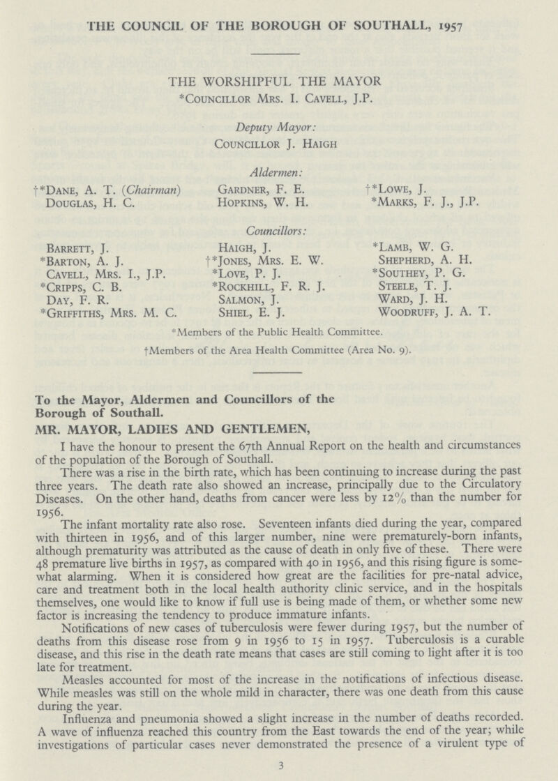 THE COUNCIL OF THE BOROUGH OF SOUTHALL, 1957 THE WORSHIPFUL THE MAYOR *Councillor Mrs. I. Cavell, J.P. Deputy Mayor: Councillor J. Haigh Aldermen: f*dane, A. T. (Chairman) Gardner, F. E. t*LowE, J. Douglas, H. C. Hopkins, W. H. *Marks, F. J., J.P. Councillors: Barrett, J. Haigh, J. *Lamb, W. G. *Barton, A. J. f*Jones, Mrs. E. W. Shepherd, A. H. Cavell, Mrs. I., J.P. *Love, P. J. *Southey, P. G. *Cripps, C. B. *Rockhill, F. R. J. Steele, T. J. Day, F. R. Salmon, J. Ward, J. H. *Griffiths, Mrs. M. C. Shiel, E. J. Woodruff, J. A. T. *Members of the Public Health Committee. tMembers of the Area Health Committee (Area No. 9). To the Mayor, Aldermen and Councillors of the Borough of Southall. MR. MAYOR, LADIES AND GENTLEMEN, I have the honour to present the 67th Annual Report on the health and circumstances of the population of the Borough of Southall. There was a rise in the birth rate, which has been continuing to increase during the past three years. The death rate also showed an increase, principally due to the Circulatory Diseases. On the other hand, deaths from cancer were less by 12% than the number for 1956. The infant mortality rate also rose. Seventeen infants died during the year, compared with thirteen in 1956, and of this larger number, nine were prematurely-born infants, although prematurity was attributed as the cause of death in only five of these. There were 48 premature five births in 1957, as compared with 40 in 1956, and this rising figure is some what alarming. When it is considered how great are the facilities for pre-natal advice, care and treatment both in the local health authority clinic service, and in the hospitals themselves, one would like to know if full use is being made of them, or whether some new factor is increasing the tendency to produce immature infants. Notifications of new cases of tuberculosis were fewer during 1957, but the number of deaths from this disease rose from 9 in 1956 to 15 in 1957. Tuberculosis is a curable disease, and this rise in the death rate means that cases are still coming to light after it is too late for treatment. Measles accounted for most of the increase in the notifications of infectious disease. While measles was still on the whole mild in character, there was one death from this cause during the year. Influenza and pneumonia showed a slight increase in the number of deaths recorded. A wave of influenza reached this country from the East towards the end of the year; while investigations of particular cases never demonstrated the presence of a virulent type of 3