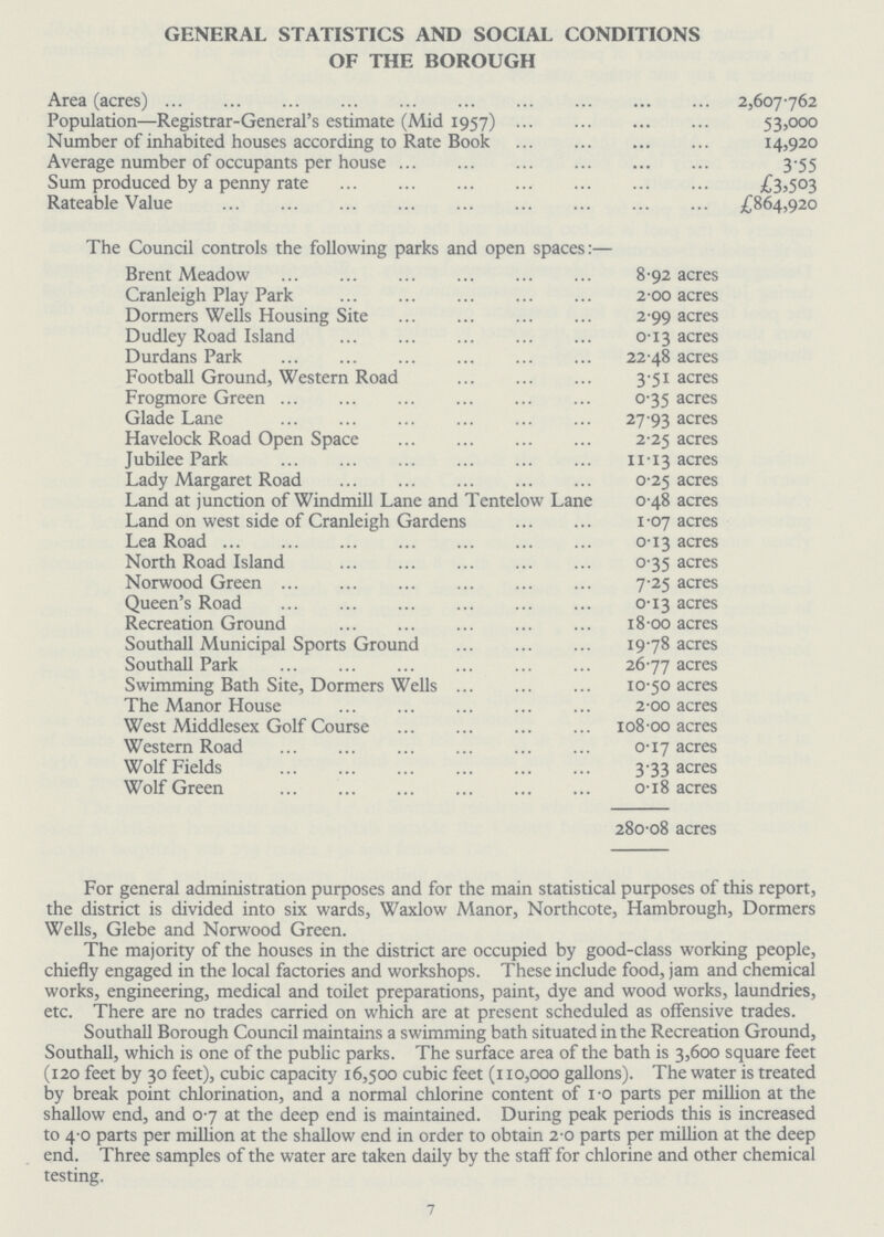 GENERAL STATISTICS AND SOCIAL CONDITIONS OF THE BOROUGH Area (acres) 2,607.762 Population—Registrar.General's estimate (Mid 1957) 53,000 Number of inhabited houses according to Rate Book 14,920 Average number of occupants per house 3.55 Sum produced by a penny rate £3,503 Rateable Value £864,920 The Council controls the following parks and open spaces:— Brent Meadow 8.92 acres Cranleigh Play Park 2.00 acres Dormers Wells Housing Site 2.99 acres Dudley Road Island 0.13 acres Durdans Park 22.48 acres Football Ground, Western Road 3.51 acres Frogmore Green 0.35 acres Glade Lane 27.93 acres Havelock Road Open Space 2.25 acres Jubilee Park 11.13 acres Lady Margaret Road 0.25 acres Land at junction of Windmill Lane and Tentelow Lane 0.48 acres Land on west side of Cranleigh Gardens 1.07 acres Lea Road 0.13 acres North Road Island 0.35 acres Norwood Green 7.25 acres Queen's Road 0.13 acres Recreation Ground 18.00 acres Southall Municipal Sports Ground 19.78 acres Southall Park 26.77 acres Swimming Bath Site, Dormers Wells 10.50 acres The Manor House 2.00 acres West Middlesex Golf Course 108.oo acres Western Road 0.17 acres Wolf Fields 3.33 acres Wolf Green 0.18 acres 280.08 acres For general administration purposes and for the main statistical purposes of this report, the district is divided into six wards, Waxlow Manor, Northcote, Hambrough, Dormers Wells, Glebe and Norwood Green. The majority of the houses in the district are occupied by good.class working people, chiefly engaged in the local factories and workshops. These include food, jam and chemical works, engineering, medical and toilet preparations, paint, dye and wood works, laundries, etc. There are no trades carried on which are at present scheduled as offensive trades. Southall Borough Council maintains a swimming bath situated in the Recreation Ground, Southall, which is one of the public parks. The surface area of the bath is 3,600 square feet (120 feet by 30 feet), cubic capacity 16,500 cubic feet (110,000 gallons). The water is treated by break point chlorination, and a normal chlorine content of i.o parts per million at the shallow end, and 0.7 at the deep end is maintained. During peak periods this is increased to 4.0 parts per million at the shallow end in order to obtain 2.0 parts per million at the deep end. Three samples of the water are taken daily by the staff for chlorine and other chemical testing. 7