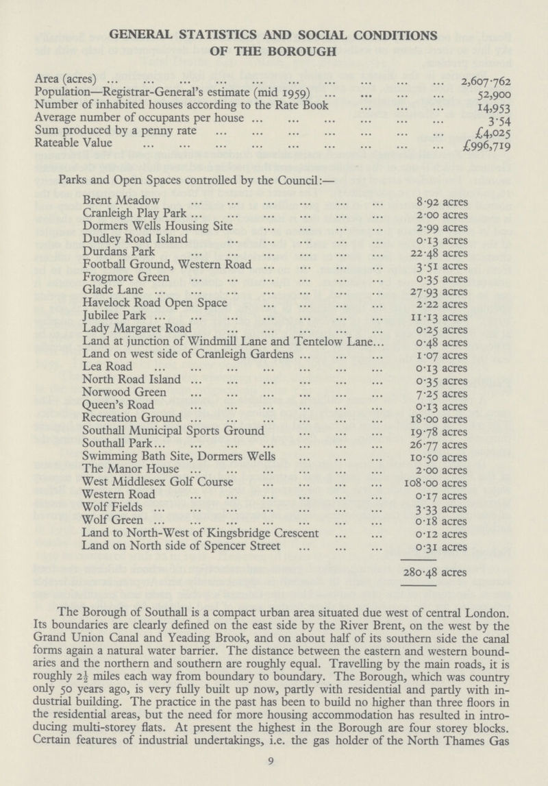 GENERAL STATISTICS AND SOCIAL CONDITIONS OF THE BOROUGH Area (acres) 2,607762 Population—Registrar-General's estimate (mid 1959) 52,900 Number of inhabited houses according to the Rate Book 14,953 Average number of occupants per house 3.54 Sum produced by a penny rate £4,025 Rateable Value £996,719 Parks and Open Spaces controlled by the Council:— Brent Meadow 8.92 acres Cranleigh Play Park 2.00 acres Dormers Wells Housing Site 2.99 acres Dudley Road Island 0.13 acres Durdans Park 22.48 acres Football Ground, Western Road 3.51 acres Frogmore Green 0.35 acres Glade Lane 27.93 acres Havelock Road Open Space 2.22 acres Jubilee Park 11.13 acres Lady Margaret Road 0.25 acres Land at junction of Windmill Lane and Tentelow Lane 0.48 acres Land on west side of Cranleigh Gardens 1.07 acres Lea Road 0.13 acres North Road Island 0.35 acres Norwood Green 7.25 acres Queen's Road 0.13 acres Recreation Ground 18.00 acres Southall Municipal Sports Ground 19.78 acres Southall Park 26.77 acres Swimming Bath Site, Dormers Wells 10.50 acres The Manor House 2.00 acres West Middlesex Golf Course 108.oo acres Western Road 0.17 acres Wolf Fields 3.33 acres Wolf Green 0.18 acres Land to North-West of Kingsbridge Crescent 0.12 acres Land on North side of Spencer Street 0.31 acres 280.48 acres The Borough of Southall is a compact urban area situated due west of central London. Its boundaries are clearly defined on the east side by the River Brent, on the west by the Grand Union Canal and Yeading Brook, and on about half of its southern side the canal forms again a natural water barrier. The distance between the eastern and western bound aries and the northern and southern are roughly equal. Travelling by the main roads, it is roughly 2½ miles each way from boundary to boundary. The Borough, which was country only 50 years ago, is very fully built up now, partly with residential and partly with in dustrial building. The practice in the past has been to build no higher than three floors in the residential areas, but the need for more housing accommodation has resulted in intro ducing multi-storey flats. At present the highest in the Borough are four storey blocks. Certain features of industrial undertakings, i.e. the gas holder of the North Thames Gas 9