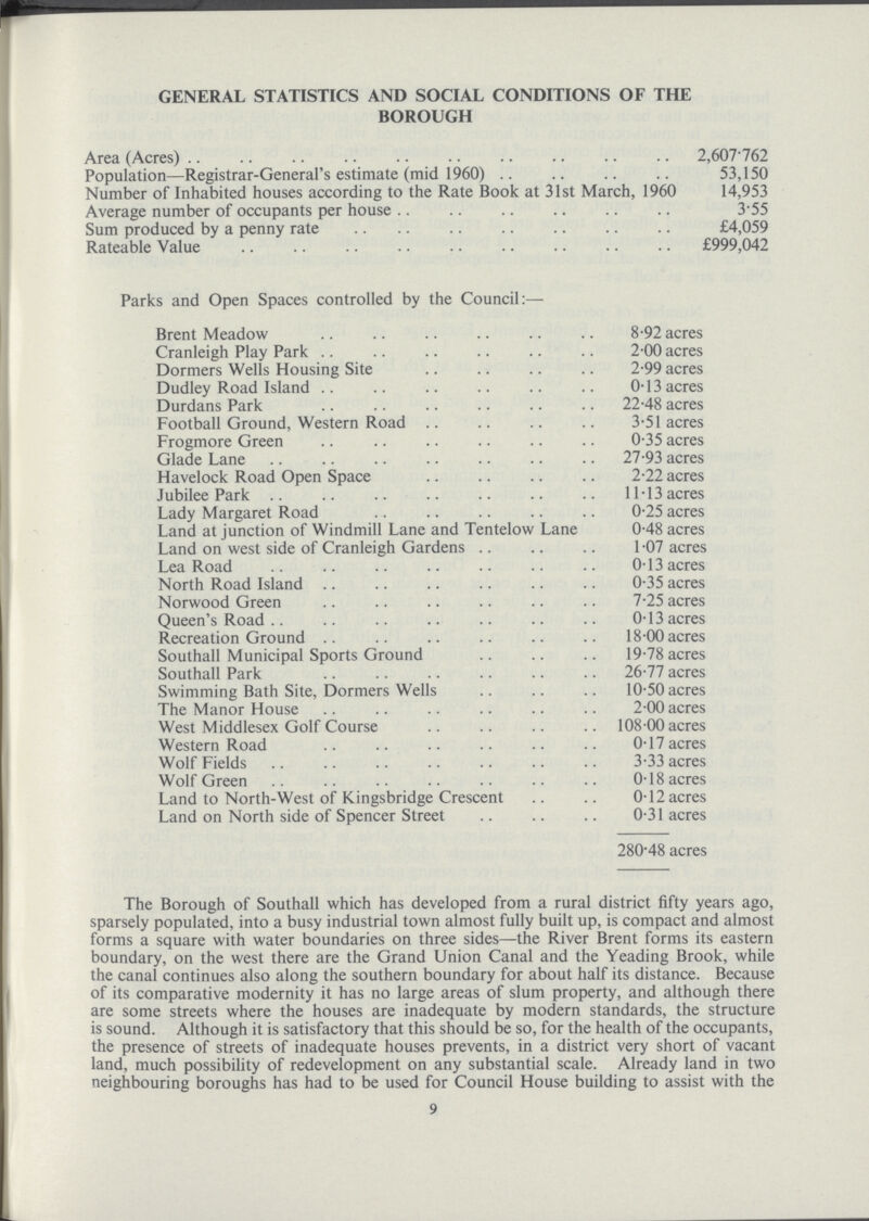 GENERAL STATISTICS AND SOCIAL CONDITIONS OF THE BOROUGH Area (Acres) 2,607 762 Population—Registrar-General's estimate (mid 1960) 53,150 Number of Inhabited houses according to the Rate Book at 31st March, 1960 14,953 Average number of occupants per house 3.55 Sum produced by a penny rate £4,059 Rateable Value £999,042 Parks and Open Spaces controlled by the Council:— Brent Meadow 8.92 acres Cranleigh Play Park 2.00 acres Dormers Wells Housing Site 2.99 acres Dudley Road Island 0.13 acres Durdans Park 22.48 acres Football Ground, Western Road 3.51 acres Frogmore Green 0.35 acres Glade Lane 27.93 acres Havelock Road Open Space 2.22 acres Jubilee Park 11.13 acres Lady Margaret Road 0.25 acres Land at junction of Windmill Lane and Tentelow Lane 0.48 acres Land on west side of Cranleigh Gardens 1.07 acres Lea Road 0.13 acres North Road Island 0.35 acres Norwood Green 7.25 acres Queen's Road 0.13 acres Recreation Ground 18.00 acres Southall Municipal Sports Ground 19.78 acres Southall Park 26.77 acres Swimming Bath Site, Dormers Wells 10.50 acres The Manor House 2.00 acres West Middlesex Golf Course 108.00 acres Western Road 0.17 acres Wolf Fields 3.33 acres Wolf Green 0.18 acres Land to North-West of Kingsbridge Crescent 0.12 acres Land on North side of Spencer Street 0.31 acres 280.48 acres The Borough of Southall which has developed from a rural district fifty years ago, sparsely populated, into a busy industrial town almost fully built up, is compact and almost forms a square with water boundaries on three sides—the River Brent forms its eastern boundary, on the west there are the Grand Union Canal and the Yeading Brook, while the canal continues also along the southern boundary for about half its distance. Because of its comparative modernity it has no large areas of slum property, and although there are some streets where the houses are inadequate by modern standards, the structure is sound. Although it is satisfactory that this should be so, for the health of the occupants, the presence of streets of inadequate houses prevents, in a district very short of vacant land, much possibility of redevelopment on any substantial scale. Already land in two neighbouring boroughs has had to be used for Council House building to assist with the 9