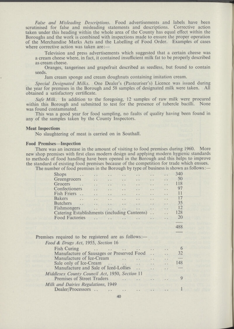 False and Misleading Descriptions. Food advertisements and labels have been scrutinised for false and misleading statements and descriptions. Corrective action taken under this heading within the whole area of the County has equal effect within the Boroughs and the work is combined with inspections made to ensure the proper operation of the Merchandise Marks Acts and the Labelling of Food Order. Examples of cases where corrective action was taken are:— Television and press advertisements which suggested that a certain cheese was a cream cheese where, in fact, it contained insufficient milk fat to be properly described as cream cheese. Oranges, tangerines and grapefruit described as seedless, but found to contain seeds. Jam cream sponge and cream doughnuts containing imitation cream. Special Designated Milks. One Dealer's (Pasteuriser's) Licence was issued during the year for premises in the Borough and 58 samples of designated milk were taken. All obtained a satisfactory certificate. Safe Milk. In addition to the foregoing, 12 samples of raw milk were procured within this Borough and submitted to test for the presence of tubercle bacilli. None was found contaminated. This was a good year for food sampling, no faults of quality having been found in any of the samples taken by the County Inspectors. Meat Inspections No slaughtering of meat is carried on in Southall. Food Premises—Inspection There was an increase in the amount of visiting to food premises during 1960. More new shop premises with first class modern design and applying modern hygienic standards to methods of food handling have been opened in the Borough and this helps to improve the standard of existing food premises because of the competition for trade which ensues. The number of food premises in the Borough by type of business is shown as follows:— Shops 340 Greengrocers 50 Grocers 118 Confectioners 97 Fish Friers 11 Bakers 17 Butchers 35 Fishmongers 12 Catering Establishments (including Canteens) 128 Food Factories 20 488 Premises required to be registered are as follows:— Food & Drugs Act, 1955, Section 16 Fish Curing 6 Manufacture of Sausages or Preserved Food 32 Manufacture of Ice.Cream — Sale only of Ice.Cream 148 Manufacture and Sale of Iced.Lollies — Middlesex County Council Act, 1950, Section 11 Premises of Street Traders 9 Milk and Dairies Regulations, 1949 Dealer/Processors 1 40