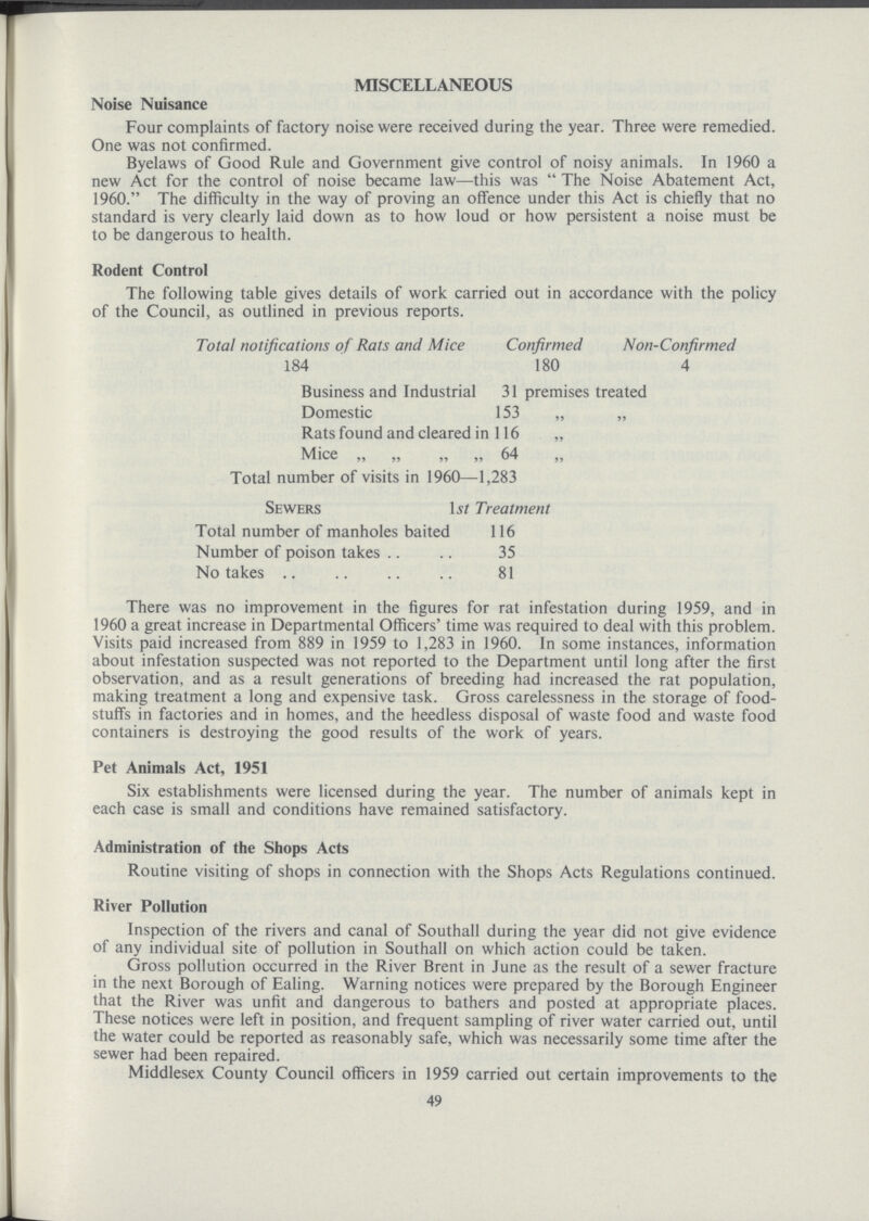 MISCELLANEOUS Noise Nuisance Four complaints of factory noise were received during the year. Three were remedied. One was not confirmed. Byelaws of Good Rule and Government give control of noisy animals. In 1960 a new Act for the control of noise became law—this was  The Noise Abatement Act, 1960. The difficulty in the way of proving an offence under this Act is chiefly that no standard is very clearly laid down as to how loud or how persistent a noise must be to be dangerous to health. Rodent Control The following table gives details of work carried out in accordance with the policy of the Council, as outlined in previous reports. Total notifications of Rats and Mice Confirmed Non-Confirmed 184 180 4 Business and Industrial 31 premises treated Domestic 153 „ „ Rats found and cleared in 116 „ Mice „ „ „ „ 64 Total number of visits in 1960—1,283 Sewers Ls7 Treatment Total number of manholes baited 116 Number of poison takes 35 No takes 81 There was no improvement in the figures for rat infestation during 1959, and in 1960 a great increase in Departmental Officers' time was required to deal with this problem. Visits paid increased from 889 in 1959 to 1,283 in 1960. In some instances, information about infestation suspected was not reported to the Department until long after the first observation, and as a result generations of breeding had increased the rat population, making treatment a long and expensive task. Gross carelessness in the storage of food stuffs in factories and in homes, and the heedless disposal of waste food and waste food containers is destroying the good results of the work of years. Pet Animals Act, 1951 Six establishments were licensed during the year. The number of animals kept in each case is small and conditions have remained satisfactory. Administration of the Shops Acts Routine visiting of shops in connection with the Shops Acts Regulations continued. River Pollution Inspection of the rivers and canal of Southall during the year did not give evidence of any individual site of pollution in Southall on which action could be taken. Gross pollution occurred in the River Brent in June as the result of a sewer fracture in the next Borough of Ealing. Warning notices were prepared by the Borough Engineer that the River was unfit and dangerous to bathers and posted at appropriate places. These notices were left in position, and frequent sampling of river water carried out, until the water could be reported as reasonably safe, which was necessarily some time after the sewer had been repaired. Middlesex County Council officers in 1959 carried out certain improvements to the 49