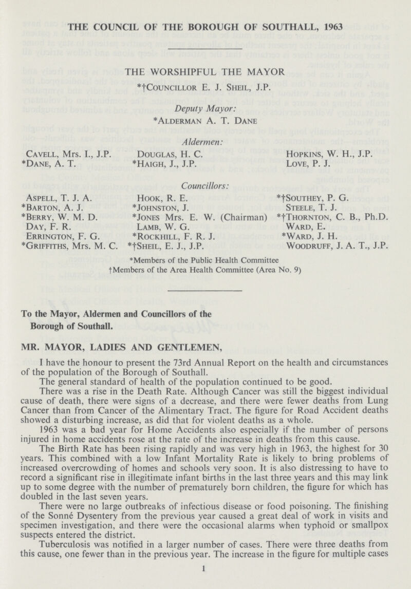 THE COUNCIL OF THE BOROUGH OF SOUTHALL, 1963 THE WORSHIPFUL THE MAYOR *†fcouncillor E. J. sheil, J.P. Deputy Mayor: *Alderman A. T. Dane Aldermen: Cavell, Mrs. I., J.P. Douglas, H. C. Hopkins, W. H., J.P. *Dane, A. T. *Haigh, J., J.P. Love, P. J. Councillors: Aspell, T. J. A. Hook, R. E. *†('Southey, P. G. *Barton, A. J. *Johnston, J. Steele, T. J. *Berry, W. M. D. *Jones Mrs. E. W. (Chairman) *†fthornton, C. B., Ph.D. Day, F. R. Lamb, W. G. Ward, E. Errington, F. G. *Rockhll, F. R. J. *Ward, J. H. *Griffiths, Mrs. M. C. *fsheil, E. J., J.P. Woodruff, J. A. T., J.P. * Members of the Public Health Committee *Members of the Area Health Committee (Area No. 9) To the Mayor, Aldermen and Councillors of the Borough of Southall. MR. MAYOR, LADIES AND GENTLEMEN, I have the honour to present the 73rd Annual Report on the health and circumstances of the population of the Borough of Southall. The general standard of health of the population continued to be good. There was a rise in the Death Rate. Although Cancer was still the biggest individual cause of death, there were signs of a decrease, and there were fewer deaths from Lung Cancer than from Cancer of the Alimentary Tract. The figure for Road Accident deaths showed a disturbing increase, as did that for violent deaths as a whole. 1963 was a bad year for Home Accidents also especially if the number of persons injured in home accidents rose at the rate of the increase in deaths from this cause. The Birth Rate has been rising rapidly and was very high in 1963, the highest for 30 years. This combined with a low Infant Mortality Rate is likely to bring problems of increased overcrowding of homes and schools very soon. It is also distressing to have to record a significant rise in illegitimate infant births in the last three years and this may link up to some degree with the number of prematurely born children, the figure for which has doubled in the last seven years. There were no large outbreaks of infectious disease or food poisoning. The finishing of the Sonne Dysentery from the previous year caused a great deal of work in visits and specimen investigation, and there were the occasional alarms when typhoid or smallpox suspects entered the district. Tuberculosis was notified in a larger number of cases. There were three deaths from this cause, one fewer than in the previous year. The increase in the figure for multiple cases 1