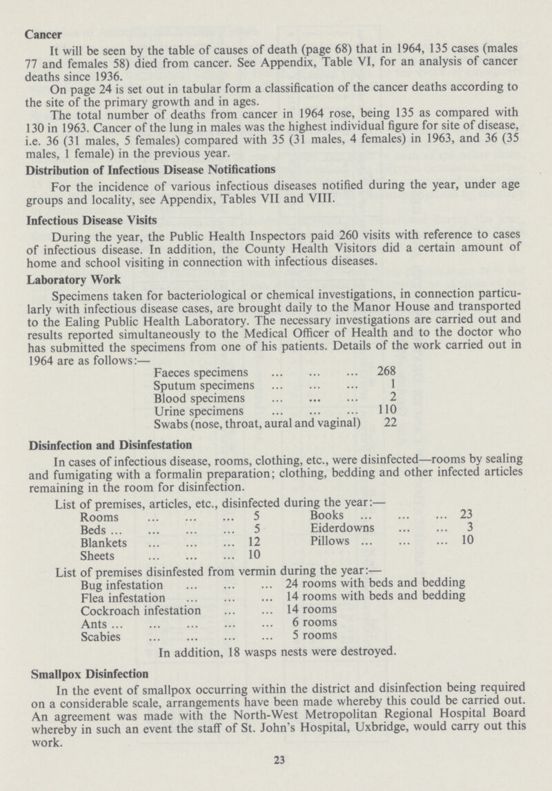 Cancer It will be seen by the table of causes of death (page 68) that in 1964, 135 cases (males 77 and females 58) died from cancer. See Appendix, Table VI, for an analysis of cancer deaths since 1936. On page 24 is set out in tabular form a classification of the cancer deaths according to the site of the primary growth and in ages. The total number of deaths from cancer in 1964 rose, being 135 as compared with 130 in 1963. Cancer of the lung in males was the highest individual figure for site of disease, i.e. 36 (31 males, 5 females) compared with 35 (31 males, 4 females) in 1963, and 36 (35 males, 1 female) in the previous year. Distribution of Infectious Disease Notifications For the incidence of various infectious diseases notified during the year, under age groups and locality, see Appendix, Tables VII and VIII. Infectious Disease Visits During the year, the Public Health Inspectors paid 260 visits with reference to cases of infectious disease. In addition, the County Health Visitors did a certain amount of home and school visiting in connection with infectious diseases. Laboratory Work Specimens taken for bacteriological or chemical investigations, in connection particu larly with infectious disease cases, are brought daily to the Manor House and transported to the Ealing Public Health Laboratory. The necessary investigations are carried out and results reported simultaneously to the Medical Officer of Health and to the doctor who has submitted the specimens from one of his patients. Details of the work carried out in 1964 are as follows:— Faeces specimens 268 Sputum specimens 1 Blood specimens 2 Urine specimens 110 Swabs (nose, throat, aural and vaginal) 22 Disinfection and Disinfestation In cases of infectious disease, rooms, clothing, etc., were disinfected—rooms by sealing and fumigating with a formalin preparation; clothing, bedding and other infected articles remaining in the room for disinfection. List of premises, articles, etc., disinfected during the year:— Rooms 5 Books 23 Beds 5 Eiderdowns 3 Blankets 12 Pillows 10 Sheets 10 List of premises disinfested from vermin during the year:— Bug infestation 24 rooms with beds and bedding Flea infestation 14 rooms with beds and bedding Cockroach infestation 14 rooms Ants 6 rooms Scabies 5 rooms In addition, 18 wasps nests were destroyed. Smallpox Disinfection In the event of smallpox occurring within the district and disinfection being required on a considerable scale, arrangements have been made whereby this could be carried out. An agreement was made with the North-West Metropolitan Regional Hospital Board whereby in such an event the staff of St. John's Hospital, Uxbridge, would carry out this work. 23