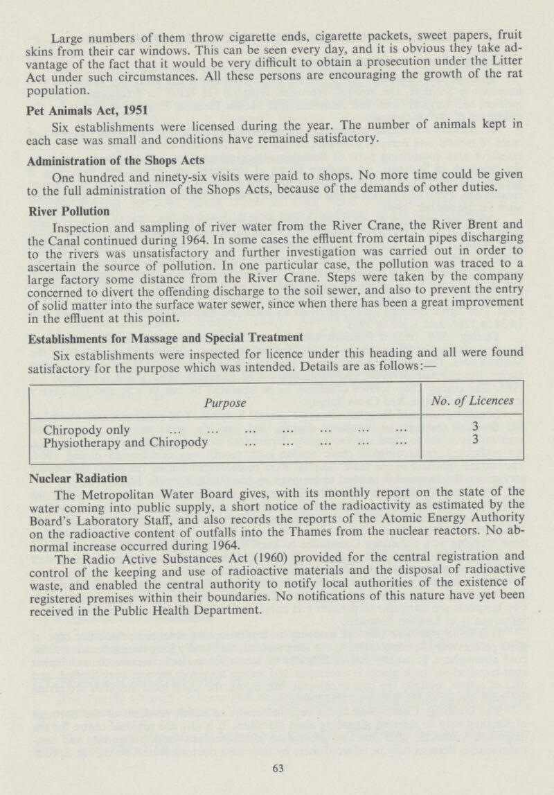 Large numbers of them throw cigarette ends, cigarette packets, sweet papers, fruit skins from their car windows. This can be seen every day, and it is obvious they take ad vantage of the fact that it would be very difficult to obtain a prosecution under the Litter Act under such circumstances. All these persons are encouraging the growth of the rat population. Pet Animals Act, 1951 Six establishments were licensed during the year. The number of animals kept in each case was small and conditions have remained satisfactory. Administration of the Shops Acts One hundred and ninety-six visits were paid to shops. No more time could be given to the full administration of the Shops Acts, because of the demands of other duties. River Pollution Inspection and sampling of river water from the River Crane, the River Brent and the Canal continued during 1964. In some cases the effluent from certain pipes discharging to the rivers was unsatisfactory and further investigation was carried out in order to ascertain the source of pollution. In one particular case, the pollution was traced to a large factory some distance from the River Crane. Steps were taken by the company concerned to divert the offending discharge to the soil sewer, and also to prevent the entry of solid matter into the surface water sewer, since when there has been a great improvement in the effluent at this point. Establishments for Massage and Special Treatment Six establishments were inspected for licence under this heading and all were found satisfactory for the purpose which was intended. Details are as follows:— Purpose No. of Licences Chiropody only 3 Physiotherapy and Chiropody 3 Nuclear Radiation The Metropolitan Water Board gives, with its monthly report on the state of the water coming into public supply, a short notice of the radioactivity as estimated by the Board's Laboratory Staff, and also records the reports of the Atomic Energy Authority on the radioactive content of outfalls into the Thames from the nuclear reactors. No ab normal increase occurred during 1964. The Radio Active Substances Act (1960) provided for the central registration and control of the keeping and use of radioactive materials and the disposal of radioactive waste, and enabled the central authority to notify local authorities of the existence of registered premises within their boundaries. No notifications of this nature have yet been received in the Public Health Department. 63