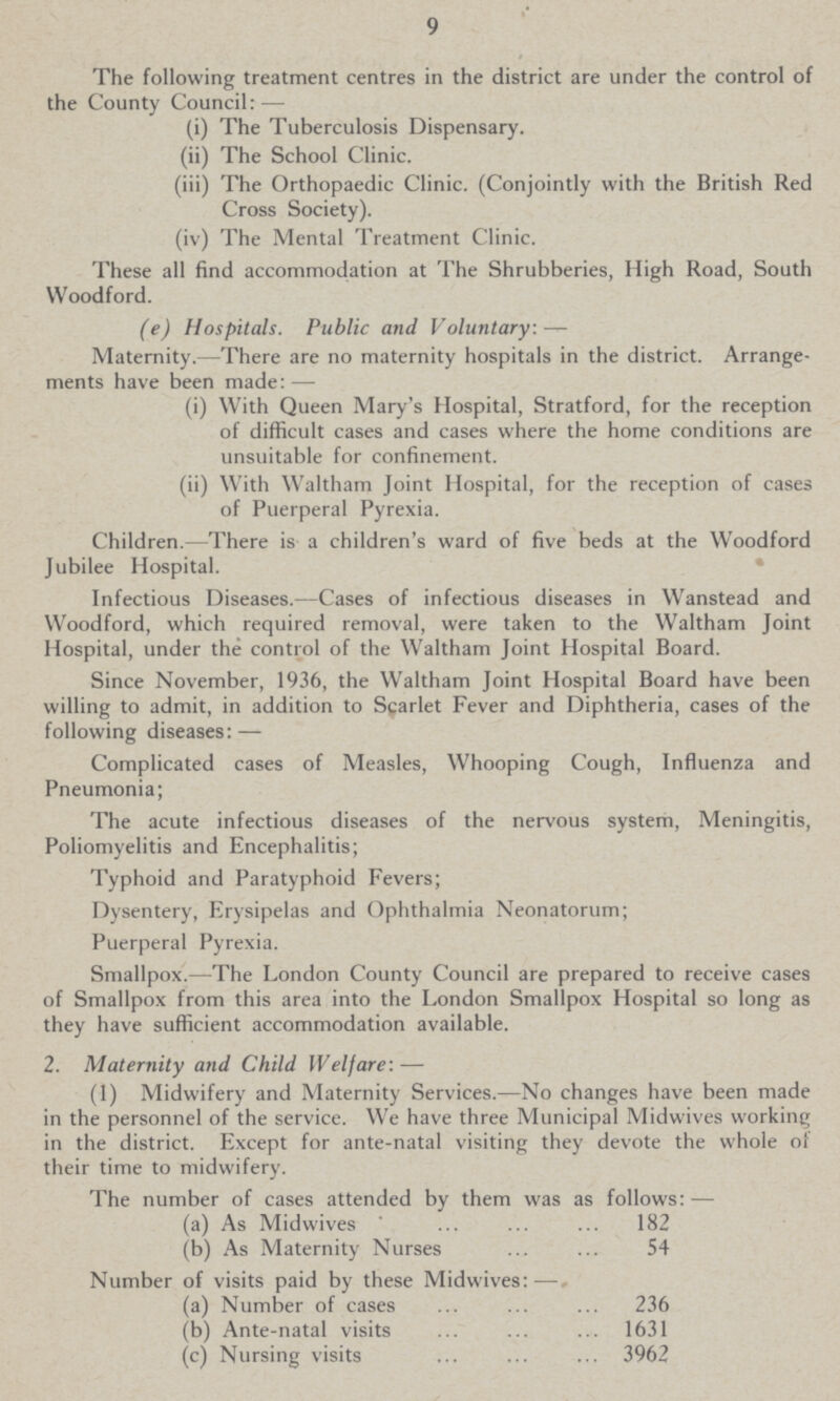 9 The following treatment centres in the district are under the control of the County Council: — (i) The Tuberculosis Dispensary. (ii) The School Clinic. (iii) The Orthopaedic Clinic. (Conjointly with the British Red Cross Society). (iv) The Mental Treatment Clinic. These all find accommodation at The Shrubberies, High Road, South Woodford. (e) Hospitals. Public and Voluntary:— Maternity.—There are no maternity hospitals in the district. Arrange ments have been made: — (i) With Queen Mary's Hospital, Stratford, for the reception of difficult cases and cases where the home conditions are unsuitable for confinement. (ii) WTith Waltham Joint Hospital, for the reception of cases of Puerperal Pyrexia. Children.—There is a children's ward of five beds at the Woodford Jubilee Hospital. Infectious Diseases.—Cases of infectious diseases in Wanstead and Woodford, which required removal, were taken to the Waltham Joint Hospital, under the control of the Waltham Joint Hospital Board. Since November, 1936, the Waltham Joint Hospital Board have been willing to admit, in addition to Scarlet Fever and Diphtheria, cases of the following diseases:— Complicated cases of Measles, Whooping Cough, Influenza and Pneumonia; The acute infectious diseases of the nervous system, Meningitis, Poliomyelitis and Encephalitis; Typhoid and Paratyphoid Fevers; Dysentery, Erysipelas and Ophthalmia Neonatorum; Puerperal Pyrexia. Smallpox.—The London County Council are prepared to receive cases of Smallpox from this area into the London Smallpox Hospital so long as they have sufficient accommodation available. 2. Maternity and Child Welfare: — (1) Midwifery and Maternity Services.—No changes have been made in the personnel of the service. We have three Municipal Midwives working in the district. Except for ante-natal visiting they devote the whole of their time to midwifery. The number of cases attended by them was as follows: — (a) As Midwives 182 (b) As Maternity Nurses 54 Number of visits paid by these Midwives:— (a) Number of cases 236 (b) Ante-natal visits 1631 (c) Nursing visits 3962