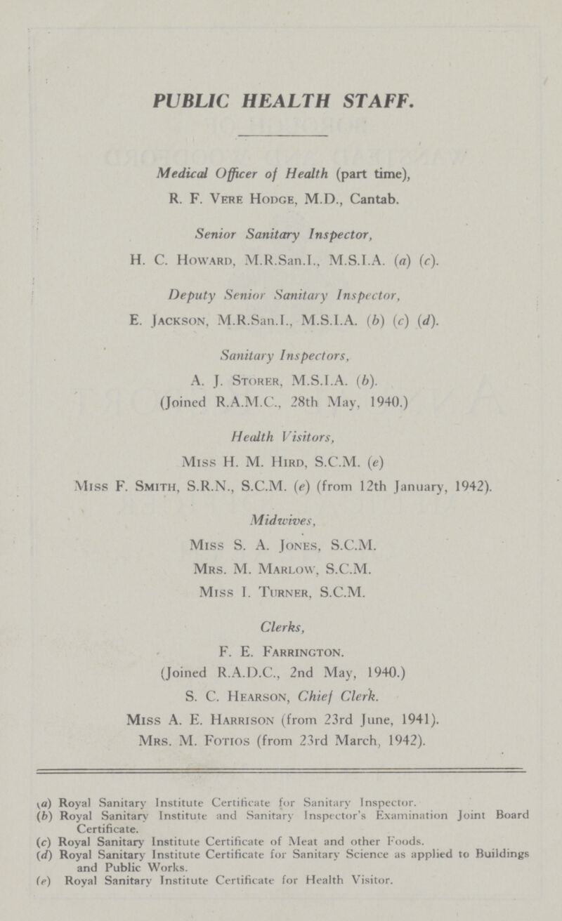 PUBLIC HEALTH STAFF. Medical Officer of Health (part time), R. F. Vere Hodge, M.D., Cantab. Senior Sanitary Inspector, H. C. Howard, M.R.San.I., M.S.I.A. (a) (c). Deputy Senior Sanitary Inspector, E. Jackson, M.R.San.I., M.S.I.A. (b) (c) (d). Sanitary Inspectors, A. J. Storer, M.S.I.A. (b). (Joined R.A.M.C., 28th May, 1940.) Health Visitors, Miss H. M. Hird, S.C.M. (e) Miss F. Smith, S.R.N., S.C.M. (e) (from 12th January, 1942). Midwives, Miss S. A. Jones, S.C.M. Mrs. M. Marlow, S.C.M. Miss I. Turner, S.C.M. Clerks, F. E. Farrington. (Joined R.A.D.C., 2nd May, 1940.) S. C. Hearson, Chief Clerk. Miss A. E. Harrison (from 23rd June, 1941). Mrs. M. Fotios (from 23rd March, 1942). (a) Royal Sanitary Institute Certificate for Sanitary Inspector. (b) Royal Sanitary Institute and Sanitary Inspector's Examination Joint Board Certificate. (c) Royal Sanitary Institute Certificate of Meat and other Foods. (d) Royal Sanitary Institute Certificate for Sanitary Science as applied to Buildings and Public Works. (e) Royal Sanitary Institute Certificate for Health Visitor.