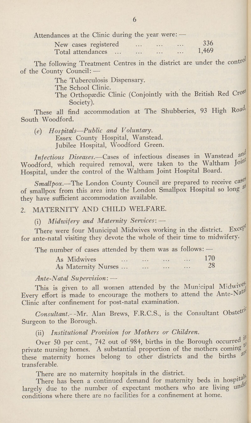 6 Attendances at the Clinic during the year were:— New cases registered 336 Total attendances 1,469 The following Treatment Centres in the district are under the control of the County Council:— The Tuberculosis Dispensary. The School Clinic. The Orthopædic Clinic (Conjointly with the British Red Cross Society). These all find accommodation at The Shubberies, 93 High Road, South Woodford. (e) Hospitals—Public and Voluntary. Essex County Hospital, Wanstead. Jubilee Hospital, Woodford Green. Infectious Diseases.—Cases of infectious diseases in Wanstead and Woodford, which required removal, were taken to the Waltham Joint Hospital, under the control of the Waltham Joint Hospital Board. Smallpox.—The London County Council are prepared to receive cases of smallpox from this area into the London Smallpox Hospital so long as they have sufficient accommodation available. 2. MATERNITY AND CHILD WELFARE. (i) Midwifery and Maternity Services: — There were four Municipal Midwives working in the district. ExceP??? for ante-natal visiting they devote the whole of their time to midwifery. The number of cases attended by them was as follows: — As Midwives 170 As Maternity Nurses 28 Ante-Natal Supervision: — This is given to all women attended by the Municipal Midwives Every effort is made to encourage the mothers to attend the Ante-Natal Clinic after confinement for post-natal examination. Consultant. Mr. Alan Brews, F.R.C.S., is the Consultant Obstetric Surgeon to the Borough. (ii) Institutional Provision for Mothers or Children. Over 50 per cent., 742 out of 984, births in the Borough occurred in private nursing homes. A substantial proportion of the mothers coming to these maternity homes belong to other districts and the births are transferable. There are no maternity hospitals in the district. There has been a continued demand for maternity beds in hospitals largely due to the number of expectant mothers who are living under conditions where there are no facilities for a confinement at home.