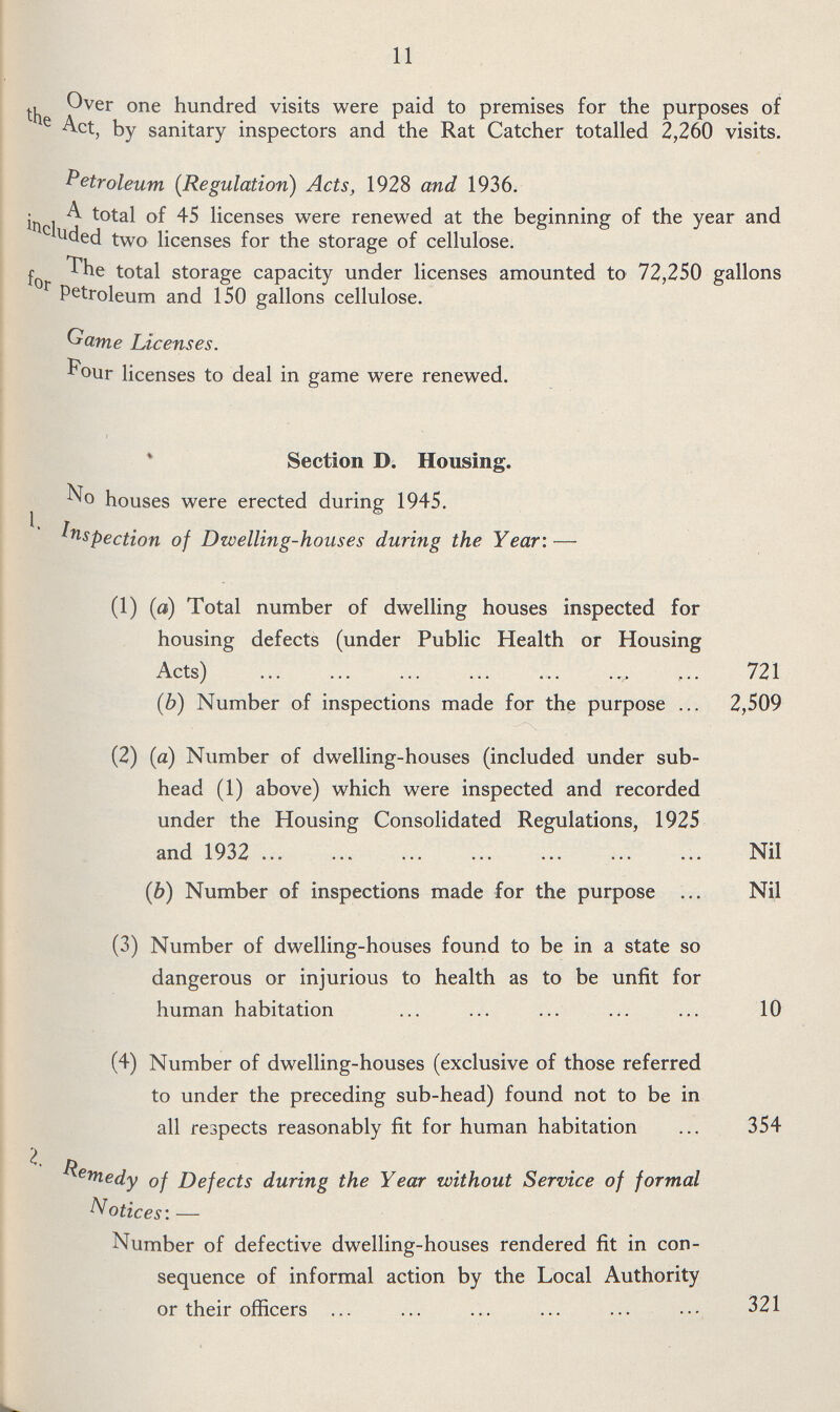11 Over one hundred visits were paid to premises for the purposes of the Act, by sanitary inspectors and the Rat Catcher totalled 2,260 visits. Petroleum (Regulation) Acts, 1928 and 1936. A total of 45 licenses were renewed at the beginning of the year and included two licenses for the storage of cellulose. The total storage capacity under licenses amounted to 72,250 gallons for Petroleum and 150 gallons cellulose. Game Licenses. Four licenses to deal in game were renewed. Section D. Housing. No houses were erected during 1945. 1. Inspection of Dwelling-houses during the Year:— (1) (a) Total number of dwelling houses inspected for housing defects (under Public Health or Housing Acts) 721 (b) Number of inspections made for the purpose 2,509 (2) (a) Number of dwelling-houses (included under sub¬ head (1) above) which were inspected and recorded under the Housing Consolidated Regulations, 1925 and 1932 Nil (b) Number of inspections made for the purpose Nil (3) Number of dwelling-houses found to be in a state so dangerous or injurious to health as to be unfit for human habitation 10 (4) Number of dwelling-houses (exclusive of those referred to under the preceding sub-head) found not to be in all respects reasonably fit for human habitation 354 2. Remedy of Defects during the Year without Service of formal Notices:— Number of defective dwelling-houses rendered fit in con sequence of informal action by the Local Authority or their officers 321