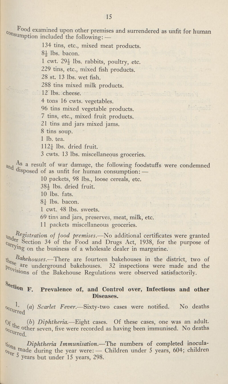 15 Food examined upon other premises and surrendered as unfit for human sumption included the following:— 134 tins, etc., mixed meat products. 8½ lbs. bacon. 1 cwt. 29½ lbs. rabbits, poultry, etc. 229 tins, etc., mixed fish products. 28 st. 13 lbs. wet fish. 288 tins mixed milk products. 12 lbs. cheese. 4 tons 16 cwts. vegetables. 96 tins mixed vegetable products. 7 tins, etc., mixed fruit products. 21 tins and jars mixed jams. 8 tins soup. 1 lb. tea. 1121/4 lbs. dried fruit. 3 cwts. 13 lbs. miscellaneous groceries. As a result of war damage, the following foodstuffs were condemned and disposed of as unfit for human consumption: — 10 packets, 98 lbs., loose cereals, etc. 38½ lbs. dried fruit. 10 lbs. fats. 81/4 lbs. bacon. 1 cwt. 48 lbs. sweets. 69 tins and jars, preserves, meat, milk, etc. 11 packets miscellaneous groceries. Registration of food premises.—No additional certificates were granted under Section 34 of the Food and Drugs Act, 1938, for the purpose of on the business of a wholesale dealer in margarine. Bakehouses.—There are fourteen bakehouses in the district, two of these are underground bakehouses. 32 inspections were made and the provisions of the Bakehouse Regulations were observed satisfactorily. Section F. Prevalence of, and Control over, Infectious and other Diseases. 1.(a) Scarlet Fever.—Sixty-two cases were notified. No deaths occurred (b) Diphtheria.—Eight cases. Of these cases, one was an adult. Of the other seven, five were recorded as having been immunised. No deaths occurred. Diphtheria Immunisation.—The numbers of completed inocula tions made during the year were:— Children under S years, 604; children over years but under 15 years, 298.