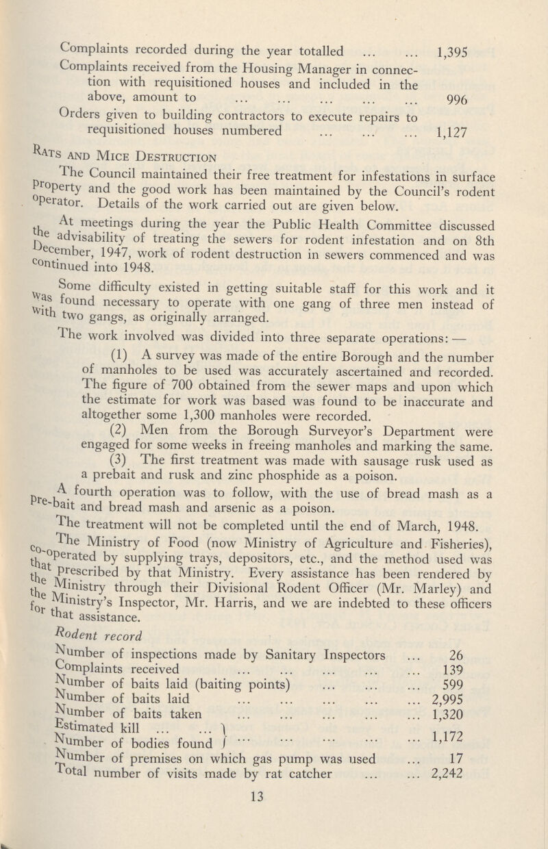 Complaints recorded during the year totalled 1,395 Complaints received from the Housing Manager in connec tion with requisitioned houses and included in the above, amount to 996 Orders given to building contractors to execute repairs to requisitioned houses numbered 1,127 Rats and Mice Destruction The Council maintained their free treatment for infestations in surface Property and the good work has been maintained by the Council's rodent operator. Details of the work carried out are given below. At meetings during the year the Public Health Committee discussed the advisability of treating the sewers for rodent infestation and on 8th December, 1947, work of rodent destruction in sewers commenced and was continued into 1948. Some difficulty existed in getting suitable staff for this work and it was found necessary to operate with one gang of three men instead of with two gangs, as originally arranged. The work involved was divided into three separate operations:— (1) A survey was made of the entire Borough and the number of manholes to be used was accurately ascertained and recorded. The figure of 700 obtained from the sewer maps and upon which the estimate for work was based was found to be inaccurate and altogether some 1,300 manholes were recorded. (2) Men from the Borough Surveyor's Department were engaged for some weeks in freeing manholes and marking the same. (3) The first treatment was made with sausage rusk used as a prebait and rusk and zinc phosphide as a poison. A fourth operation was to follow, with the use of bread mash as a pre-bait and bread mash and arsenic as a poison. The treatment will not be completed until the end of March, 1948. The Ministry of Food (now Ministry of Agriculture and Fisheries), co-operated by supplying trays, depositors, etc., and the method used was that prescribed by that Ministry. Every assistance has been rendered by the Ministry through their Divisional Rodent Officer (Mr. Marley) and the Ministry's Inspector, Mr. Harris, and we are indebted to these officers for that assistance. Rodent record Number of inspections made by Sanitary Inspectors 26 Complaints received 139 Number of baits laid (baiting points) 599 Number of baits laid 2,995 Number of baits taken 1,320 Estimated kill 1,172 Number of bodies found Number of premises on which gas pump was used 17 Total number of visits made by rat catcher 2,242 13