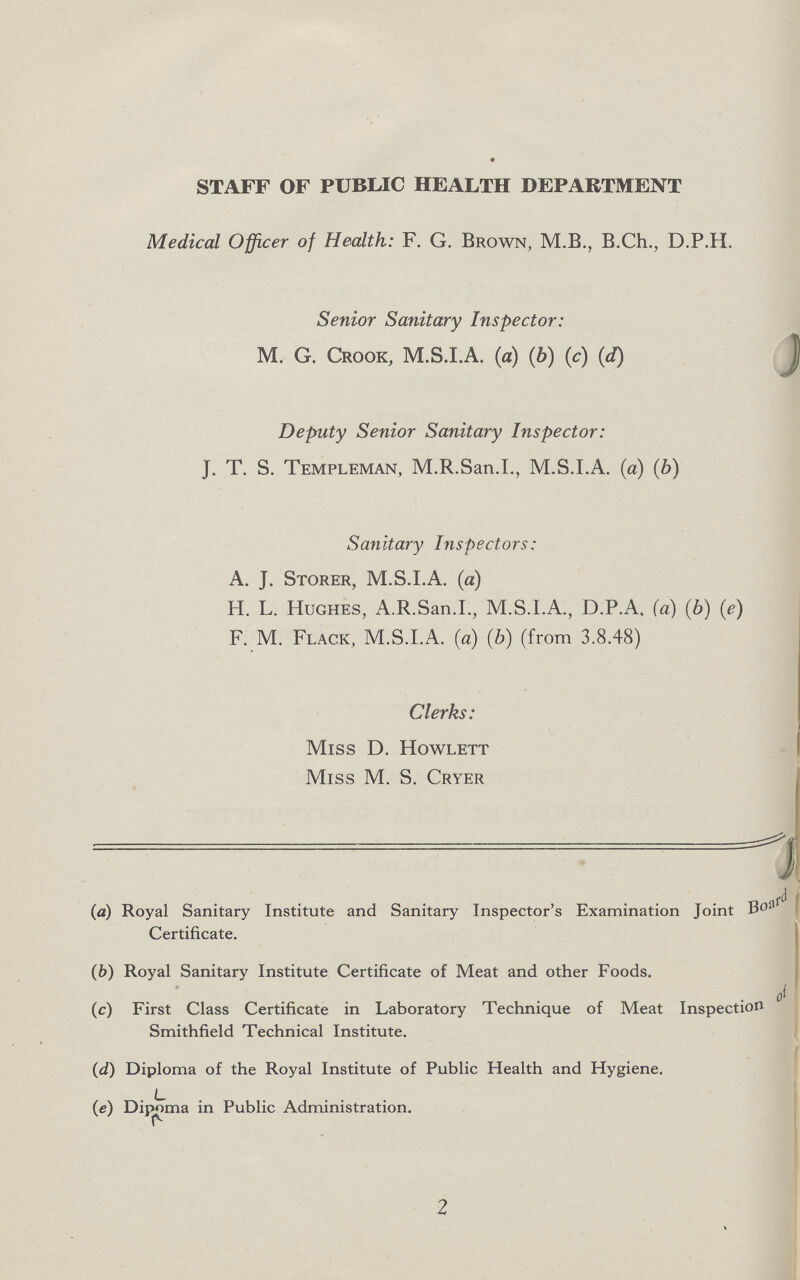 STAFF OF PUBLIC HEALTH DEPARTMENT Medical Officer of Health: F. G. Brown, M.B., B.Ch., D.P.H. Senior Sanitary Inspector: M. G. Crook, M.S.I.A. (a) (b) (c) (J) Deputy Senior Sanitary Inspector: J. T. S. Templeman, M.R.San.I., M.S.I.A. (a) (b) Sanitary Inspectors: A. J. Storer, M.S.I.A. (a) H. L. Hughes, A.R.San.I., M.S.I.A., D.P.A. (a) (b) (e) F. M. Flack, M.S.I.A. (a) (b) (from 3.8.48) Clerks: Miss D. Howlett Miss M. S. Cryer (а) Royal Sanitary Institute and Sanitary Inspector's Examination Joint Board Certificate. (b) Royal Sanitary Institute Certificate of Meat and other Foods. (c) First Class Certificate in Laboratory Technique of Meat Inspection of Smith field Technical Institute. (d) Diploma of the Royal Institute of Public Health and Hygiene. (e) Diploma in Public Administration. 2