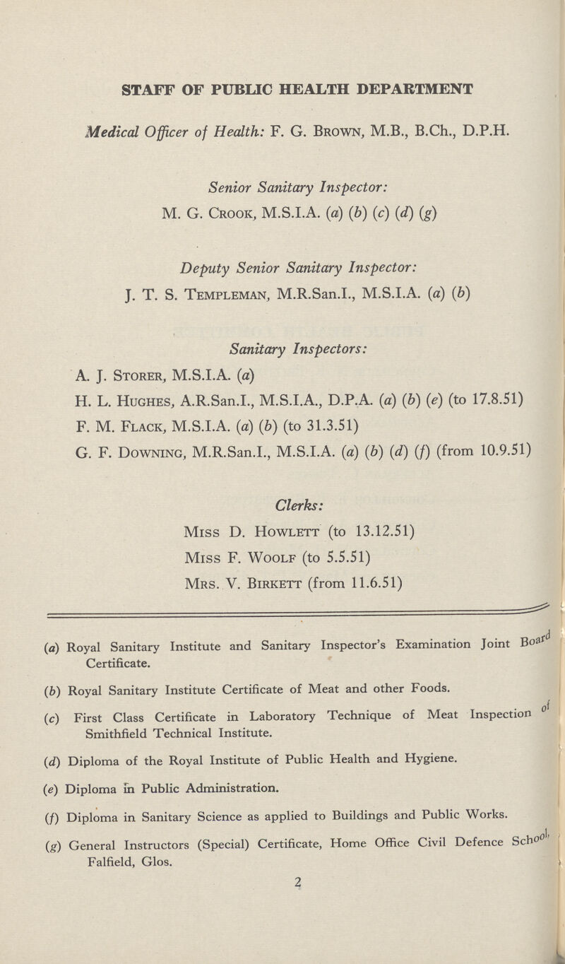 STAFF OF PUBLIC HEALTH DEPARTMENT Medical Officer of Health: F. G. Brown, M.B., B.Ch., D.P.H. Senior Sanitary Inspector: M. G. Crook, M.S.I.A. (a) (b) (c) (d) (g) Deputy Senior Sanitary Inspector: J. T. S. Templeman, M.R.San.I., M.S.I.A. (a) (b) Sanitary Inspectors: A. J. Storer, M.S.I.A. (a) H. L. Hughes, A.R.San.I., M.S.I.A., D.P.A. (a) (b) (e) (to 17.8.51) F. M. Flack, M.S.I.A. (a) (6) (to 31.3.51) G. F. Downing, M.R.San.I., M.S.I.A. (a) (b) (d) (/) (from 10.9.51) Clerks: Miss D. Howlett (to 13.12.51) Miss F. Woolf (to 5.5.51) Mrs. V. Birkett (from 11.6.51) (а) Royal Sanitary Institute and Sanitary Inspector's Examination Joint Board Certificate. (b) Royal Sanitary Institute Certificate of Meat and other Foods. (c) First Class Certificate in Laboratory Technique of Meat Inspection of Smithfield Technical Institute. (d) Diploma of the Royal Institute of Public Health and Hygiene. (e) Diploma In Public Administration. (f) Diploma in Sanitary Science as applied to Buildings and Public Works. (g) General Instructors (Special) Certificate, Home Office Civil Defence School Falfield, Glos. 2