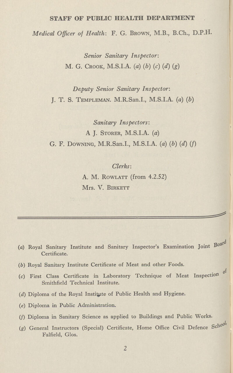 STAFF OF PUBLIC HEALTH DEPARTMENT Medical Officer of Health: F. G. Brown, M.B., B.Ch., D.P.H. Senior Sanitary Inspector: M. G. Crook, M.S.I.A. (a) (b) (c) (d) (g) Deputy Senior Sanitary Inspector: J. T. S. Templeman. M.R.San.I., M.S.I.A. (a) (b) Sanitary Inspectors: A J. Storer, M.S.I.A. (a) G. F. Downing, M.R.San.I., M.S.I.A. (a) (b) (d) (f) Clerks: A. M. Rowlatt (from 4.2.52) Mrs. V. Birkett (a) Royal Sanitary Institute and Sanitary Inspector's Examination Joint Board Certificate. (6) Royal Sanitary Institute Certificate of Meat and other Foods. (c) First Class Certificate in Laboratory Technique of Meat Inspection Smithfield Technical Institute. (d) Diploma of the Royal Institute of Public Health and Hygiene. (e) Diploma in Public Administration. (f) Diploma in Sanitary Science as applied to Buildings and Public Works. (g) General Instructors (Special) Certificate, Home Office Civil Defence School, Falfield, Glos. 2