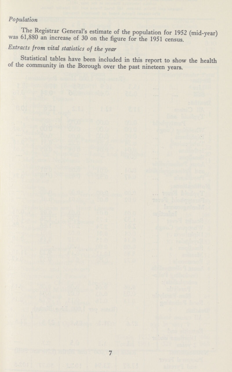 Population The Registrar General's estimate of the population for 1952 (mid-year) was 61,880 an increase of 30 on the figure for the 1951 census. Extracts from vital statistics of the year Statistical tables have been included in this report to show the health of the community in the Borough over the past nineteen years. 7