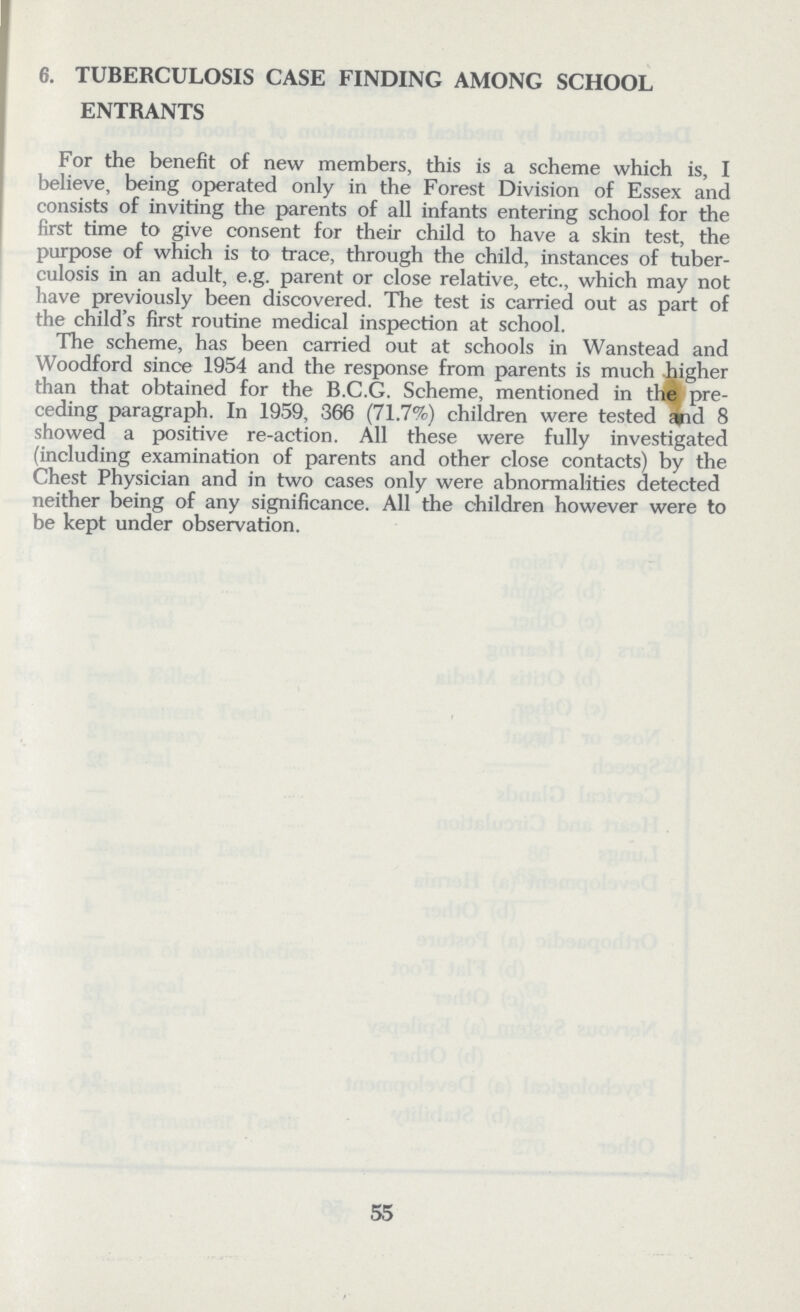 6. TUBERCULOSIS CASE FINDING AMONG SCHOOL ENTRANTS For the benefit of new members, this is a scheme which is, I believe, being operated only in the Forest Division of Essex and consists of inviting the parents of all infants entering school for the first time to give consent for their child to have a skin test, the purpose of which is to trace, through the child, instances of tuber culosis in an adult, e.g. parent or close relative, etc., which may not have previously been discovered. The test is carried out as part of the child's first routine medical inspection at school. The scheme, has been carried out at schools in Wanstead and Woodford since 1954 and the response from parents is much higher than that obtained for the B.C.G. Scheme, mentioned in the pre ceding paragraph. In 1959, 366 (71.7%) children were tested and 8 showed a positive re-action. All these were fully investigated (including examination of parents and other close contacts) by the Chest Physician and in two cases only were abnormalities detected neither being of any significance. All the children however were to be kept under observation. 55