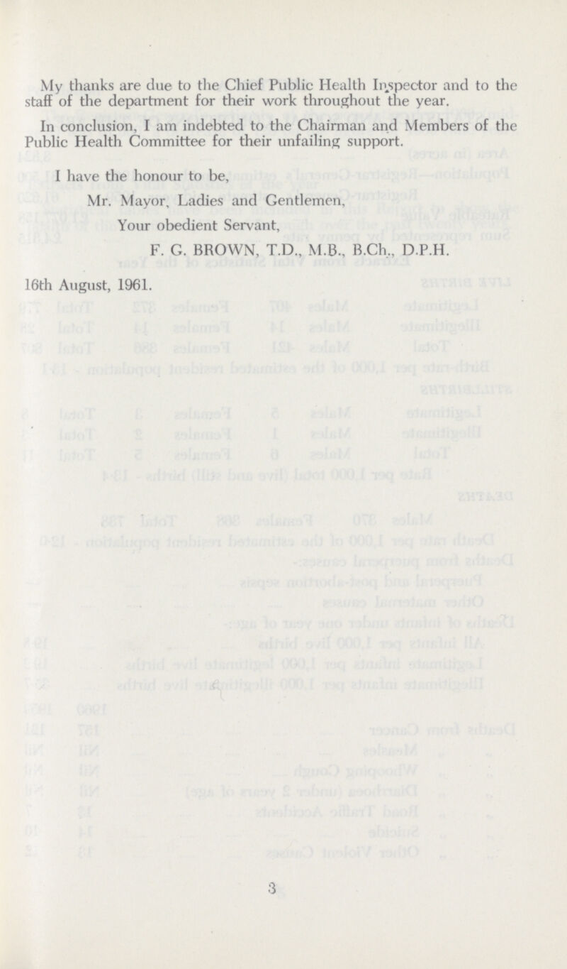 My thanks are due to the Chief Public Health Inspector and to the staff of the department for their work throughout the year. In conclusion, I am indebted to the Chairman and Members of the Public Health Committee for their unfailing support. I have the honour to be, Mr. Mayor, Ladies and Gentlemen, Your obedient Servant, F. G. BROWN, T.D., M.B., B.Ch,, D.P.H. 16th August, 1961. 3