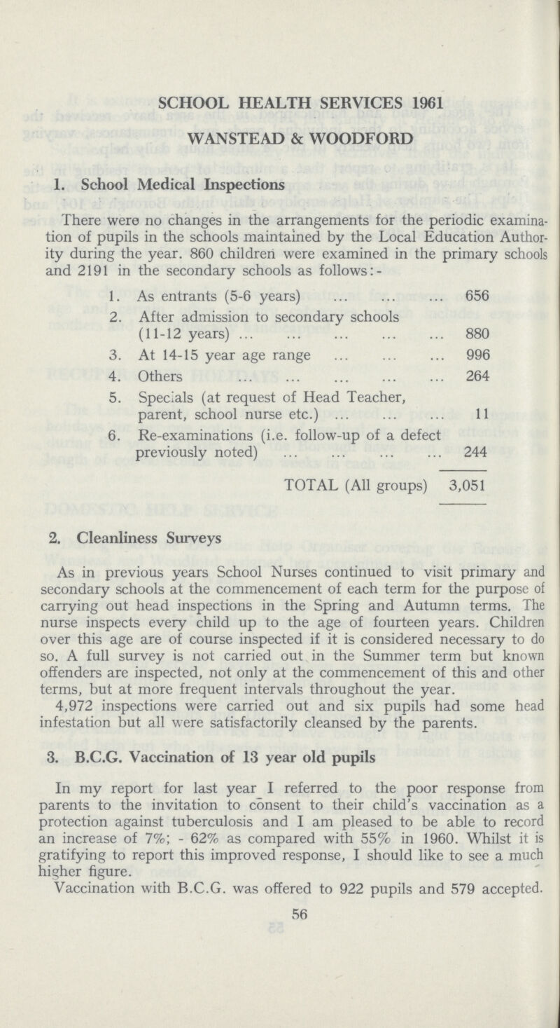 SCHOOL HEALTH SERVICES 1961 WANSTEAD & WOODFORD 1. School Medical Inspections There were no changes in the arrangements for the periodic examina tion of pupils in the schools maintained by the Local Education Author ity during the year. 860 children were examined in the primary schools and 2191 in the secondary schools as follows: - 1. As entrants (5-6 years) 656 2. After admission to secondary schools (11-12 years) 880 3. At 14-15 year age range 996 4. Others 264 5. Specials (at request of Head Teacher, parent, school nurse etc.) 11 6. Re-examinations (i.e. follow-up of a defect previously noted) 244 TOTAL (All groups) 3,051 2. Cleanliness Surveys As in previous years School Nurses continued to visit primary and secondary schools at the commencement of each term for the purpose of carrying out head inspections in the Spring and Autumn terms. The nurse inspects every child up to the age of fourteen years. Children over this age are of course inspected if it is considered necessary to do so. A full survey is not carried out in the Summer term but known offenders are inspected, not only at the commencement of this and other terms, but at more frequent intervals throughout the year. 4,972 inspections were carried out and six pupils had some head infestation but all were satisfactorily cleansed by the parents. 3. B.C.G. Vaccination of 13 year old pupils In my report for last year I referred to the poor response from parents to the invitation to consent to their child's vaccination as a protection against tuberculosis and I am pleased to be able to record an increase of 7%; - 62% as compared with 55% in 1960. Whilst it is gratifying to report this improved response, I should like to see a much higher figure. Vaccination with B.C.G. was offered to 922 pupils and 579 accepted. 56