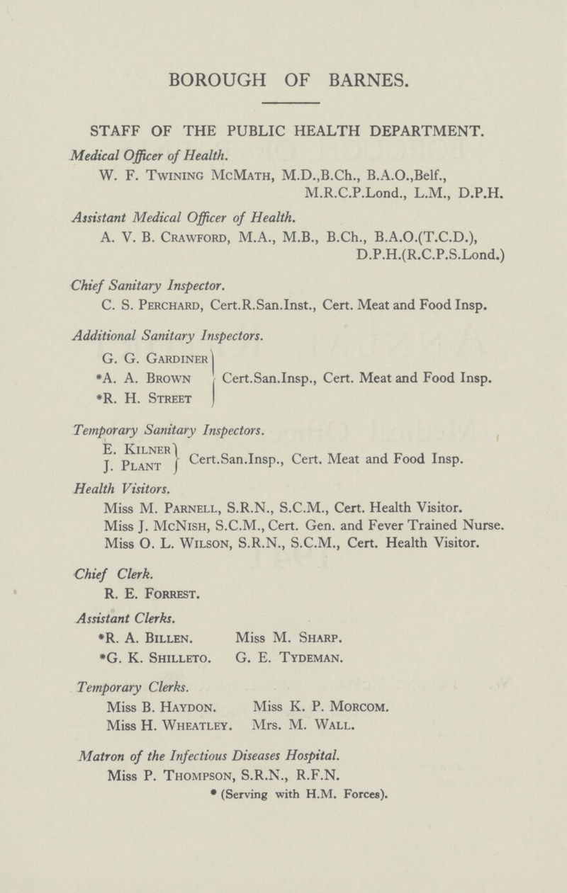 BOROUGH OF BARNES. STAFF OF THE PUBLIC HEALTH DEPARTMENT. Medical Officer of Health. W. F. Twining McMath, M.D.,B.Ch., B.A.O., Belf., M.R.C.P. Lond., L.M., D.P.H. Assistant Medical Officer of Health. A. V. B. Crawford, M.A., M.B., B.Ch., B.A.O.(T.C.D.), D.P.H.(R.C.P.S.Lond.) Chief Sanitary Inspector. C. S. Perchard, Cert.R. San. Inst., Cert. Meat and Food Insp. Additional Sanitary Inspectors. G. G. Gardiner *A. A. Brown *R. H. Street Cert. San. Insp., Cert. Meat and Food Insp. Temporary Sanitary Inspectors. E. Kilner J.Plant Cert. San. Insp., Cert. Meat and Food Insp. Health Visitors. Miss M. Parnell, S.R.N., S.C.M., Cert. Health Visitor. Miss J. McNish, S.C.M., Cert. Gen. and Fever Trained Nurse. Miss O. L. Wilson, S.R.N., S.C.M., Cert. Health Visitor. Chief Clerk. R. E. Forrest. Assistant Clerks. *R. A. Billen. Miss M. Sharp. *G. K. Shilleto. G. E. Tydeman. Temporary Clerks. Miss B. Haydon. Miss K. P. Morcom. Miss H. Wheatley. Mrs. M. Wall. Matron of the Infectious Diseases Hospital. Miss P. Thompson, S.R.N., R.F.N. * (Serving with H.M. Forces).