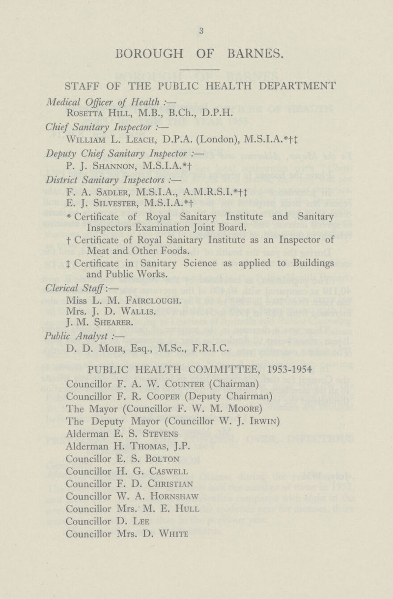 3 BOROUGH OF BARNES. STAFF OF THE PUBLIC HEALTH DEPARTMENT Medical Officer of Health :— Rosetta Hill, M.B., B.Ch., D.P.H. Chief Sanitary Inspector :— William L. Leach, D.P.A. (London), M.S.I.A.*tt Deputy Chief Sanitary Inspector :— P. J. Shannon, M.S.I.A.*† District Sanitary Inspectors :— F. A. Sadler, M.S.I.A., A.M.R.S.I.*†‡ E. J. Silvester, M.S.I.A.*† * Certificate of Royal Sanitary Institute and Sanitary Inspectors Examination Joint Board, †Certificate of Royal Sanitary Institute as an Inspector of Meat and Other Foods. ‡ Certificate in Sanitary Science as applied to Buildings and Public Works. Clerical Staff:— Miss L. M. Fairclough. Mrs. J. D. Wallis. J. M. Shearer. Public Analyst :— D. D. Moir, Esq., M.Sc., F.R.I.C. PUBLIC HEALTH COMMITTEE, 1953-1954 Councillor F. A. W. Counter (Chairman) Councillor F. R. Cooper (Deputy Chairman) The Mayor (Councillor F. W. M. Moore) The Deputy Mayor (Councillor W. J. Irwin) Alderman E. S. Stevens Alderman H. Thomas, J.P. Councillor E. S. Bolton Councillor H. G. Caswell Councillor F. D. Christian Councillor W. A. Hornshaw Councillor Mrs. M. E. Hull Councillor D. Lee Councillor Mrs. D. White