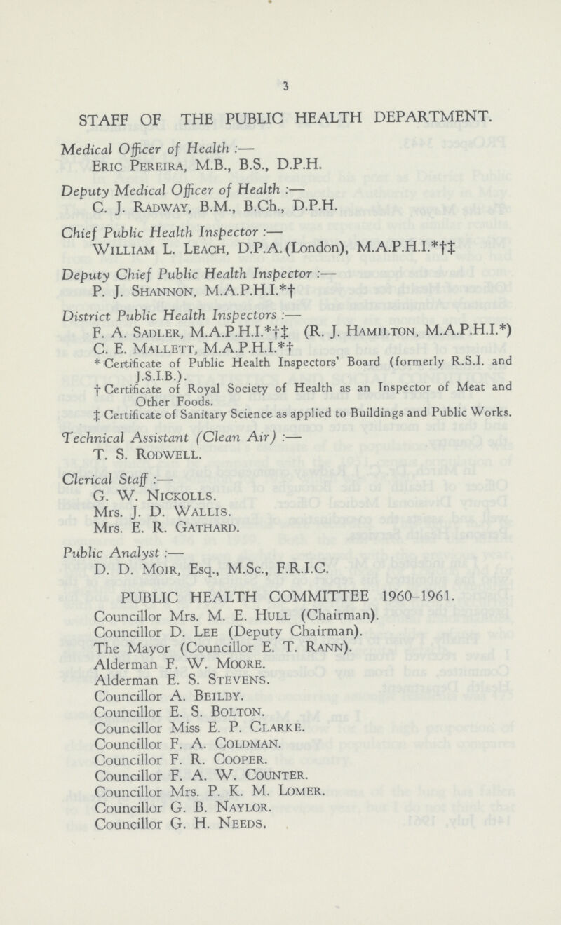 3 STAFF OF THE PUBLIC HEALTH DEPARTMENT. Medical Officer of Health :— Eric Pereira, M.B., B.S., D.P.H. Deputy Medical Officer of Health :— C. J. Radway, B.M., B.Ch., D.P.H. Chief Public Health Inspector :— William L. Leach, D.P.A. (London), M.A.P.H.I.*†‡ Deputy Chief Public Health Inspector :— P. J. Shannon, M.A.P.H.I.*† District Public Health Inspectors :— F. A. Sadler, M.A.P.H.I.*†‡ (R. J. Hamilton, M.A.P.H.I.*) C. E. Mallett, M.A.P.H.I.*† * Certificate of Public Health Inspectors' Board (formerly R.S.I, and J.S.I.B.). † Certificate of Royal Society of Health as an Inspector of Meat and Other Foods. ‡ Certificate of Sanitary Science as applied to Buildings and Public Works. T echnical Assistant (Clean Air):— T. S. Rodwell. Clerical Staff :— G. W. Nickolls. Mrs. J. D. Wallis. Mrs. E. R. Gathard. Public Analyst :— D. D. Moir, Esq., M.Sc., F.R.I.C. PUBLIC HEALTH COMMITTEE 1960-1961. Councillor Mrs. M. E. Hull (Chairman). Councillor D. Lee (Deputy Chairman). The Mayor (Councillor E. T. Rann). Alderman F. W. Moore. Alderman E. S. Stevens. Councillor A. Beilby. Councillor E. S. Bolton. Councillor Miss E. P. Clarke. Councillor F. A. Coldman. Councillor F. R. Cooper. Councillor F. A. W. Counter. Councillor Mrs. P. K. M. Lomer. Councillor G. B. Naylor. Councillor G. H. Needs.