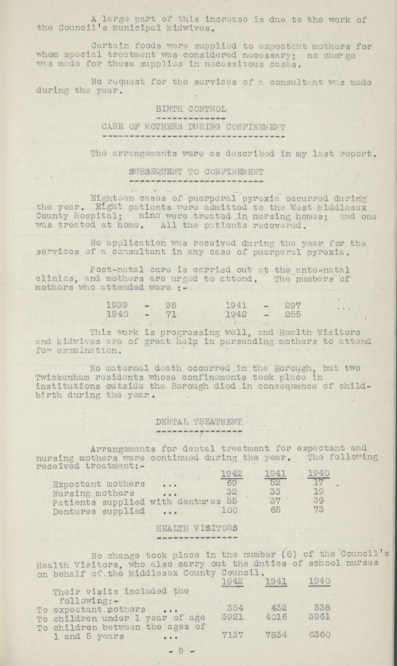 A largo part of this increase is duo to the work of the Council's Municipal Midwives. Certain foods were supplied to expectant mothers for whom special treatment was considered necessary; no charge was made for these supplies in necessitous cases. No request for the services of a consultant was made during the year. BIRTH CONTROL CARE OP MOTHERS DURING CONFINEMENT The arrangements were as described in my last report. SUBSEQUENT TO CONFINEMENT Eighteen cases of puerperal pyrexia occurred during' the year. Eight patients were admitted to the West Middlesex County Hospital; nine were treated in nursing homes; and one was treated at home. All the patients recovered. No application was received during the year for the services of a consultant in any case of puerperal pyrexia. Post-natal care is carried out at the ante-natal clinics, and mothers are urged to attend. The numbers of mothers who attended were:- 1959 - 98 1941 - 297 1940 - 71 1942 - 255 This York is progressing well, and Health. Visitors and Midwives are of great help in persuading mothers to attend for examination. ..... No maternal death occcurred in the Borough, but two Twickenham residents whose confinements took place in institutions outside the Borough died in consequence of child birth during the year. DENTAL TREATMENT. Arrangements for dental treatment for expectant and nursing mothers were continued during the year. The following received treatment:- 1942 1941 1940 Expectant mothers 69 52 17 Nursing mothers 32 55 19 patients supplied with dentures 55 37 39 Dentures supplied 100 65 73 HEALTH VISITORS No change took place in the number (8) of the Council Health Visitors, who also carry out the duties of school nurses on behalf of the Middlesex County Council. Their visits included the following:- 1942 1941 1940 To expectant mothers 354 452 358 To children under 1 year of age 3921 4016 3961 To children between the ages of 1 and 5 years 7157 7834 6360 9